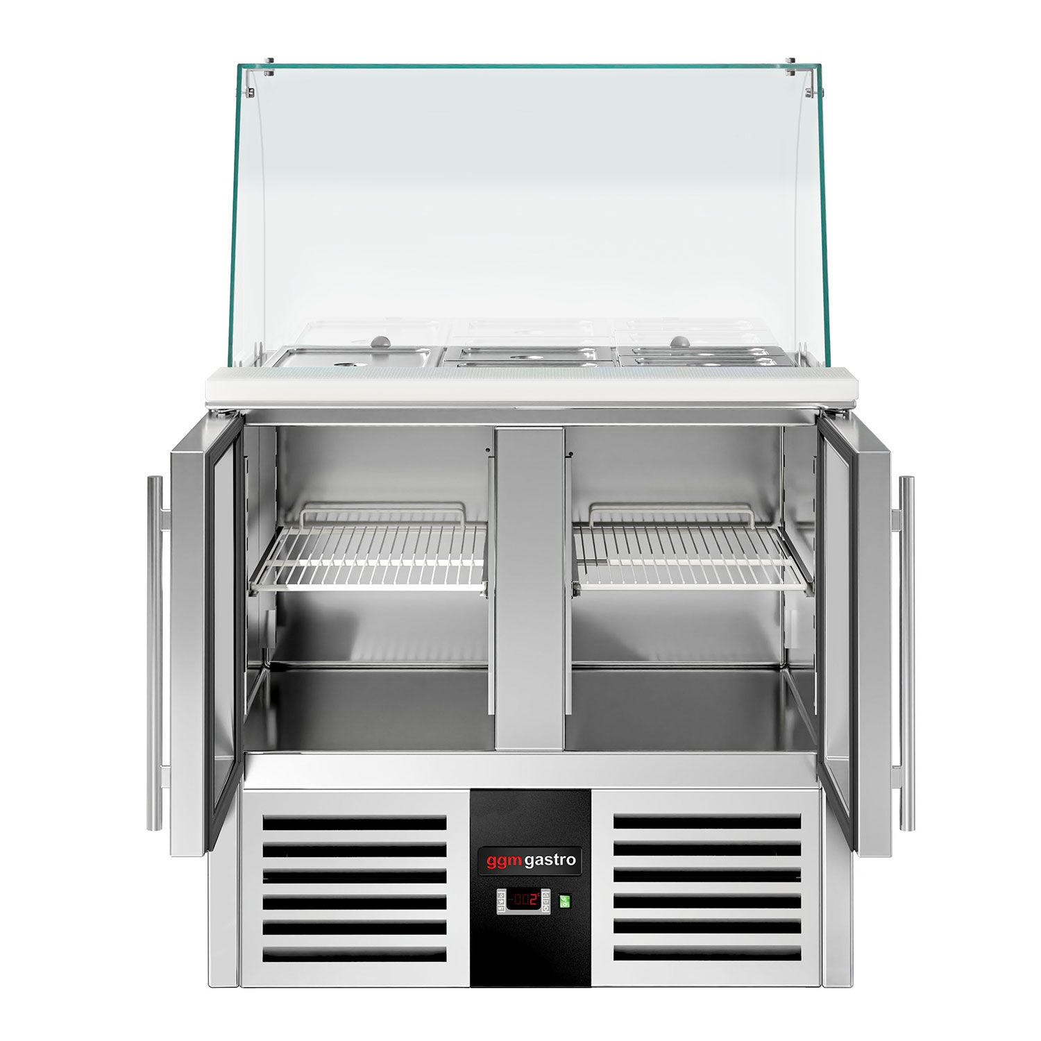 Saladette réfrigérée PREMIUM - 900mm - 288L - 2 portes vitrées - avec vitrine de comptoir pour 2x GN 1/1 & 3x GN 1/6 - Pour FR