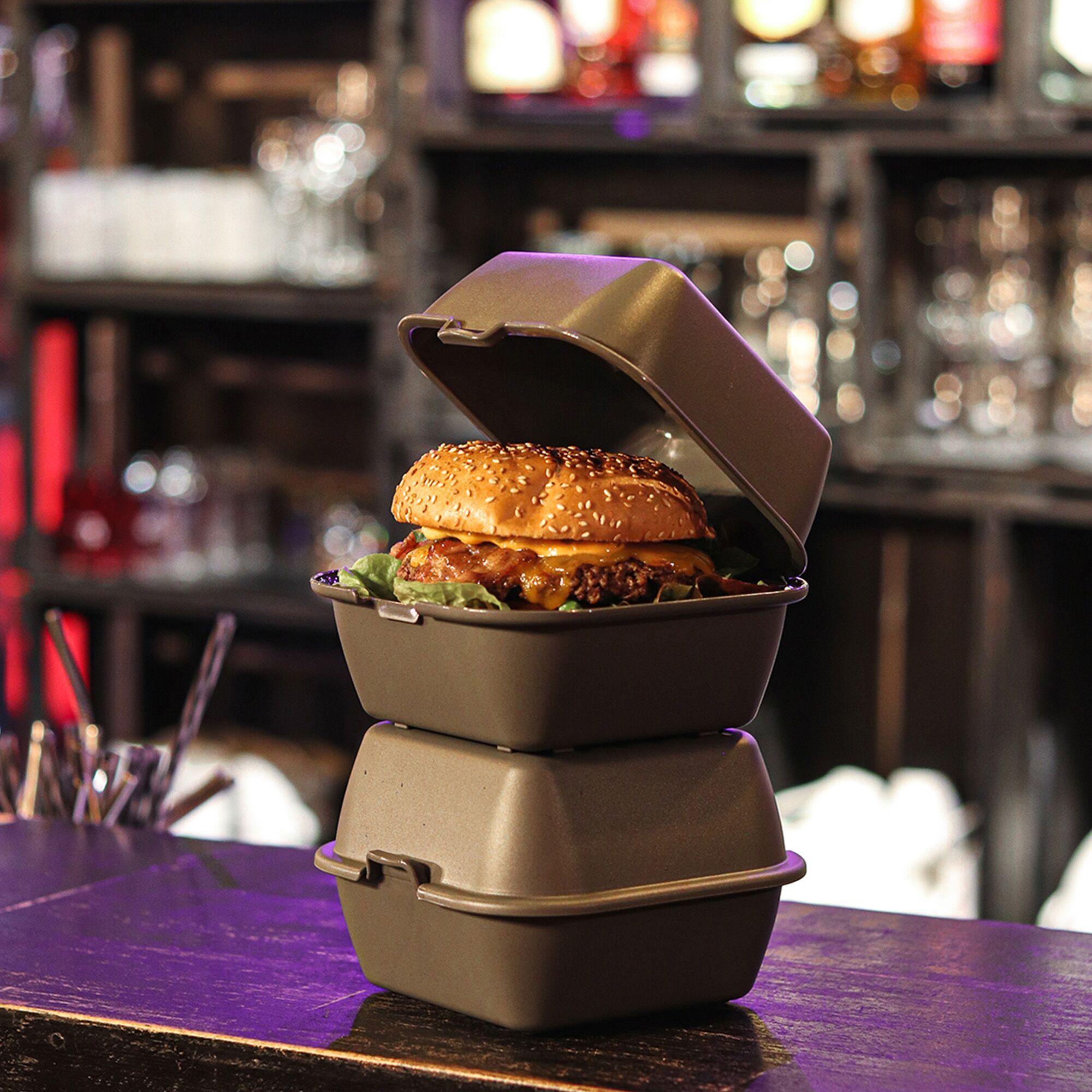 (12 pièces) Boîte à burger réutilisable - 155x155x126mm - couvercle séparé clipsable - Gris