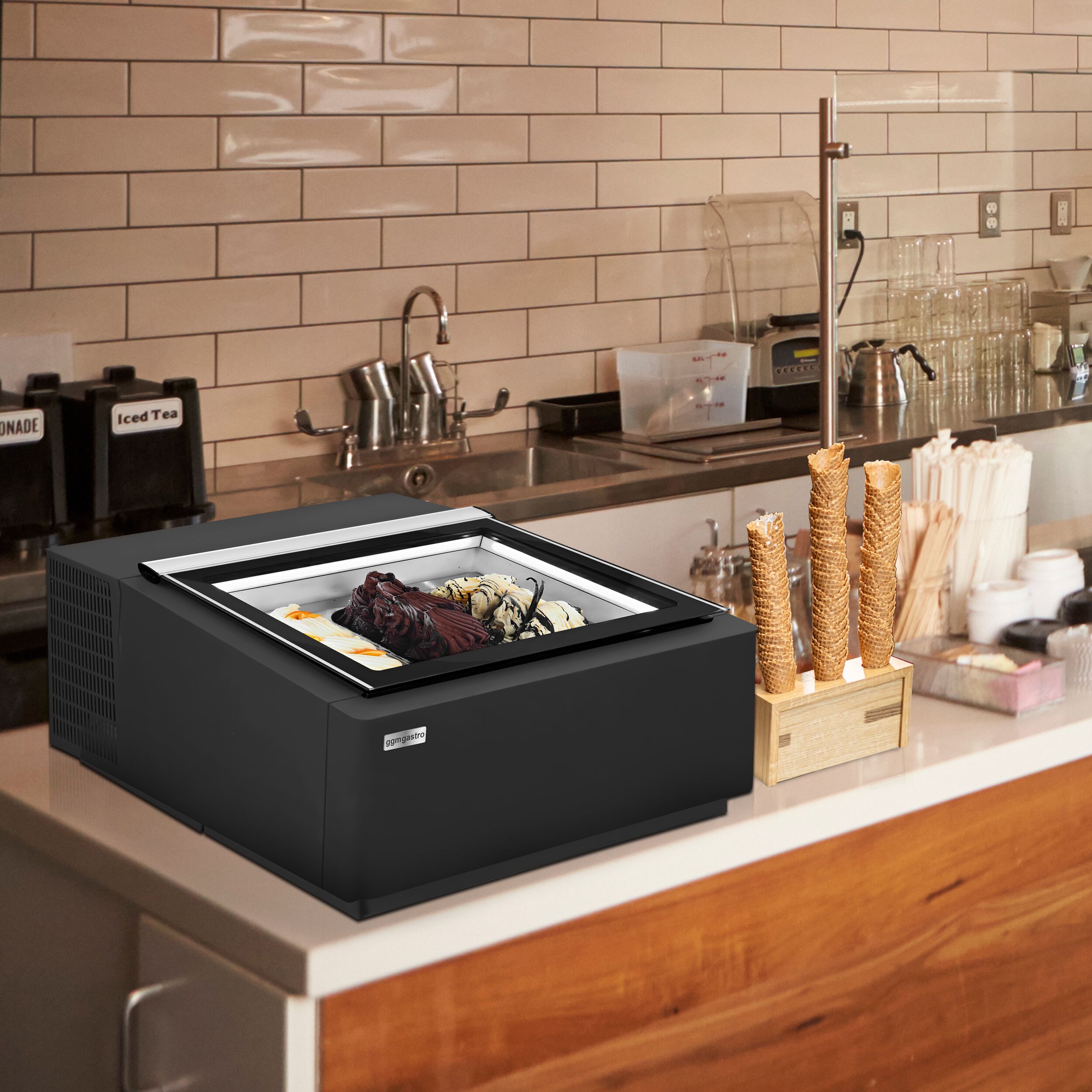 Vitrine à glaces à poser - 670mm - Froid statique - Noir - pour 3 bacs Napoli 5 L - Côté client