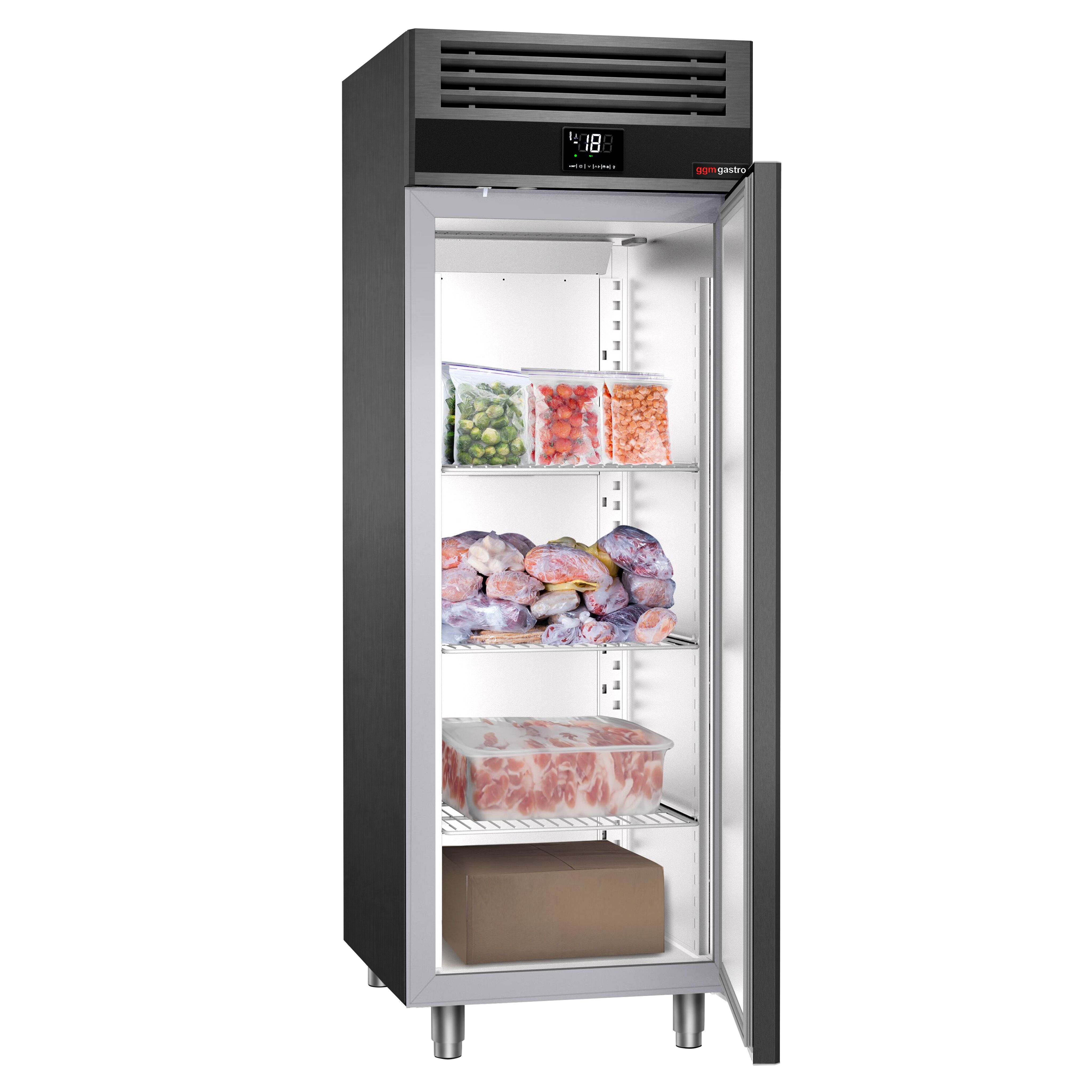Armoire réfrigérée vitrée négative en acier inoxydable AISI 430 PREMIUM - GN 2/1 - 700 L - avec 1 porte vitrée & Glissières GN & 3 grilles GN 2/1 - Anthracite