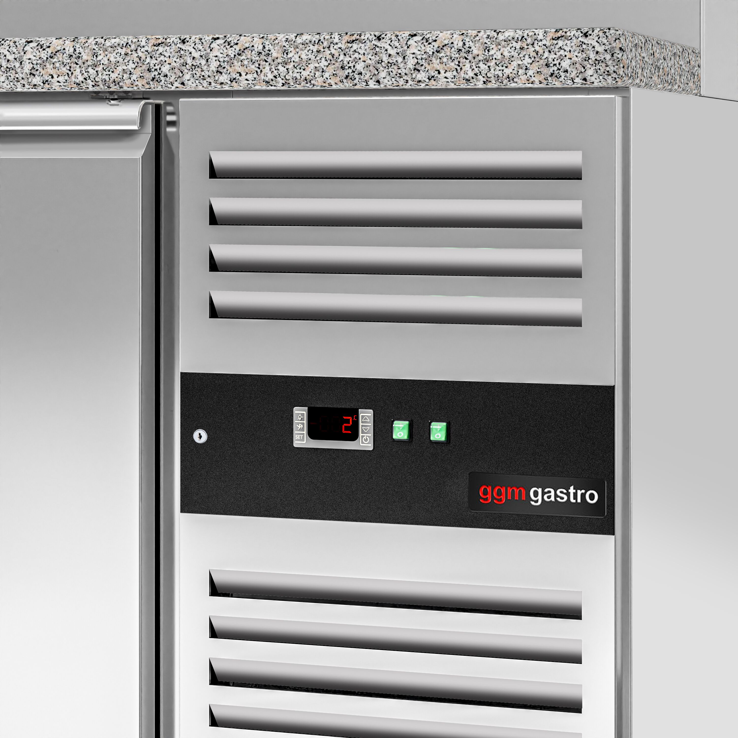 Saladette réfrigérée PREMIUM - 2020mm - 3 portes - avec vitrine de comptoir pour 10x GN 1/3 & 1 étagère - plan de travail en granit noir