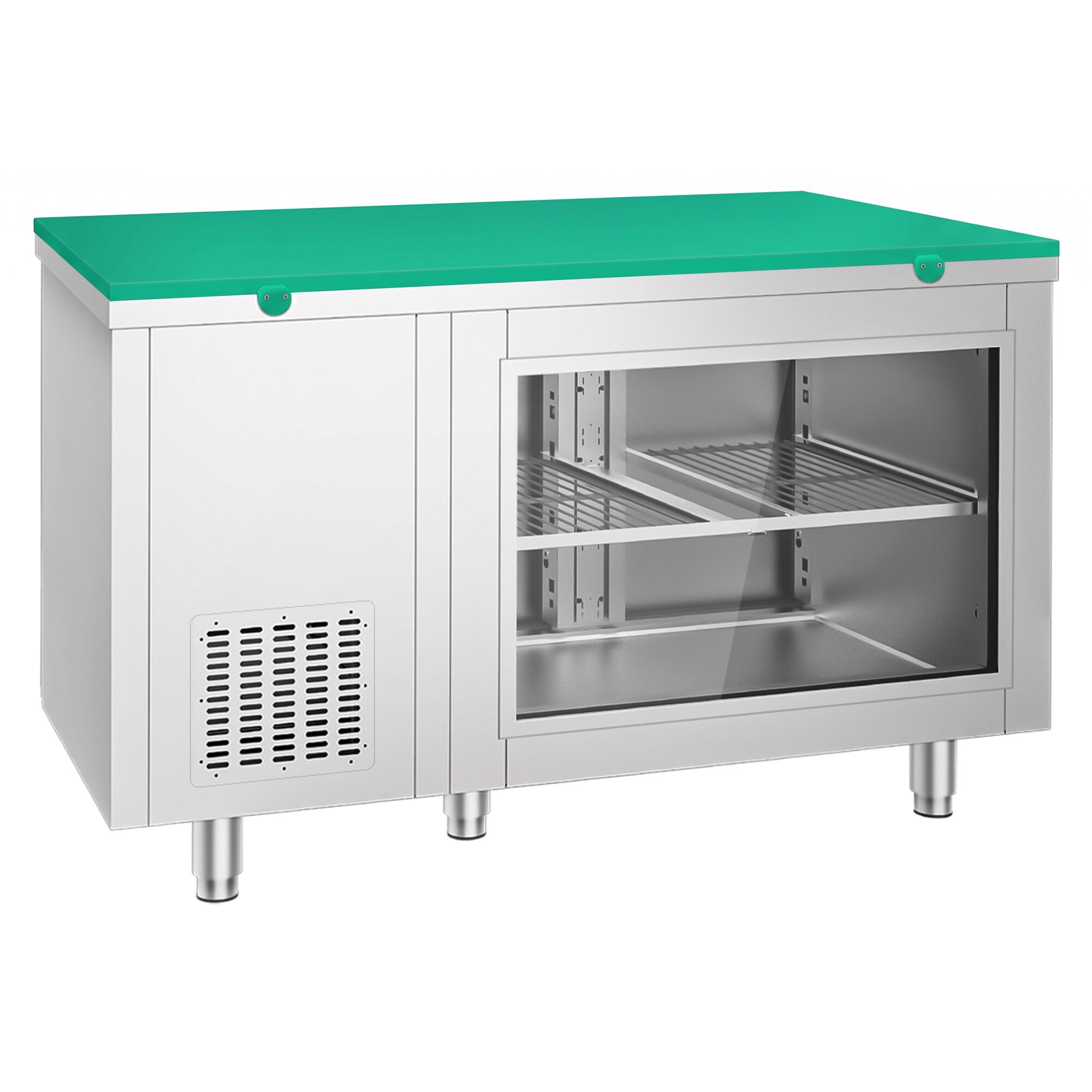Refrigerated Counter – 1400 × 700 mm – Rear Side with 2 Doors – Glass Front – incl. Green Cutting Board