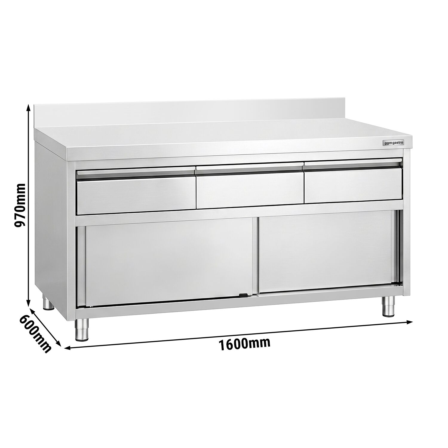 Armoire de travail en acier inoxydable PREMIUM - 1 600 x 600 mm - avec rebord - avec 3 tiroirs et une porte coulissante