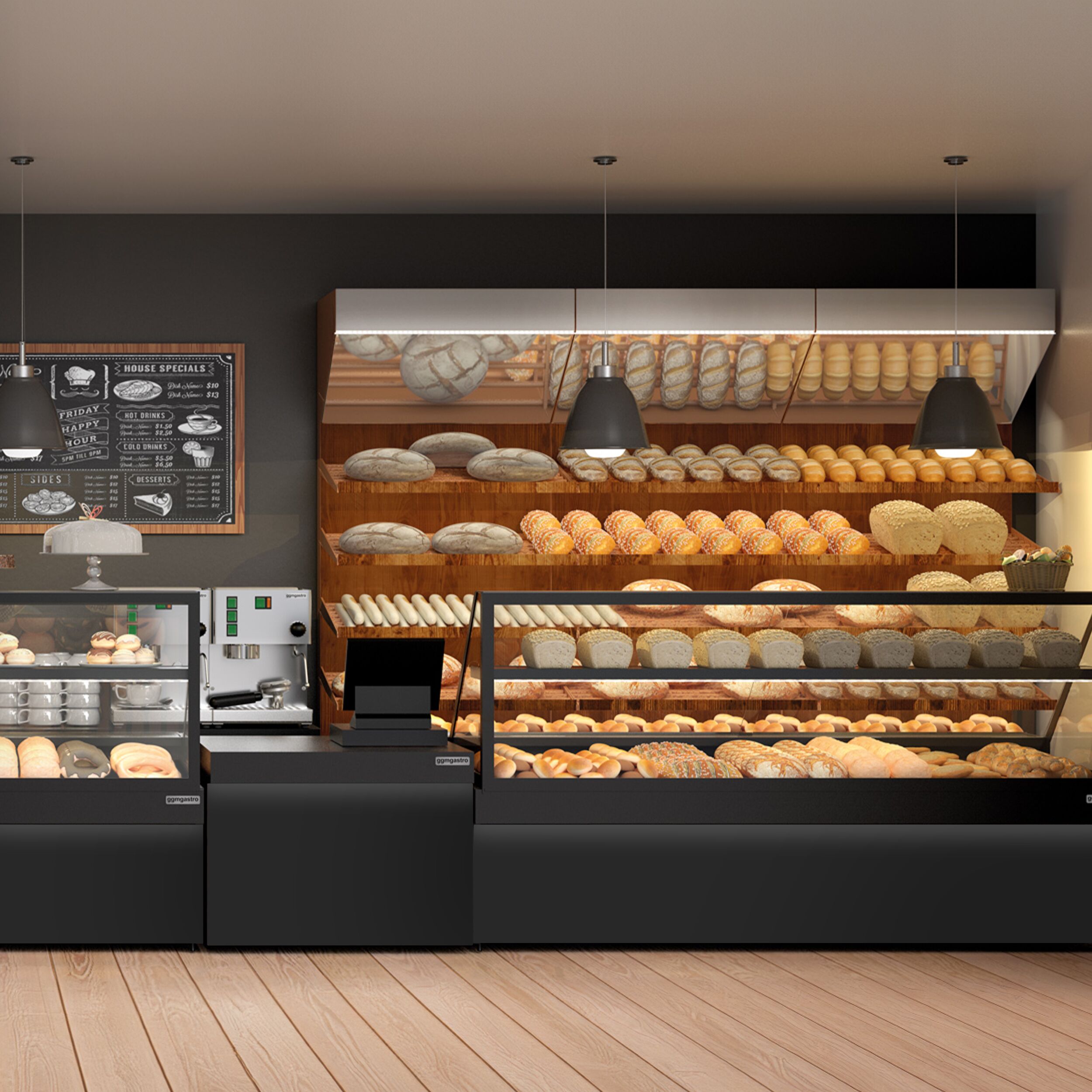 Cake Display Fridge TORONTO - 1300mm - black front - with 2 shelves - double glazing - granite worktop