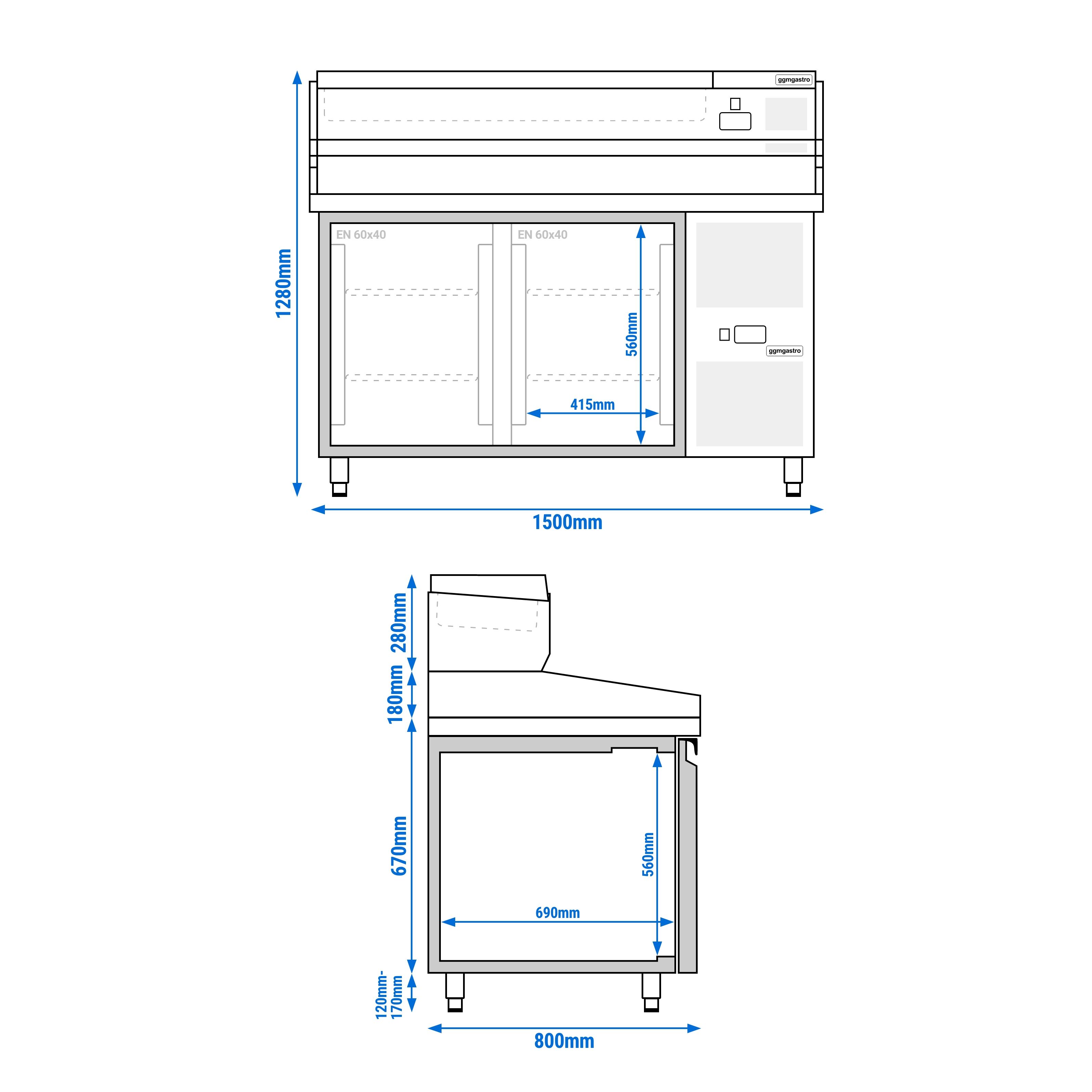 Table réfrigérée à pizza PREMIUM - 1500x800 mm - avec 2 portes - incl. vitrine réfrigérée - 6x GN 1/3