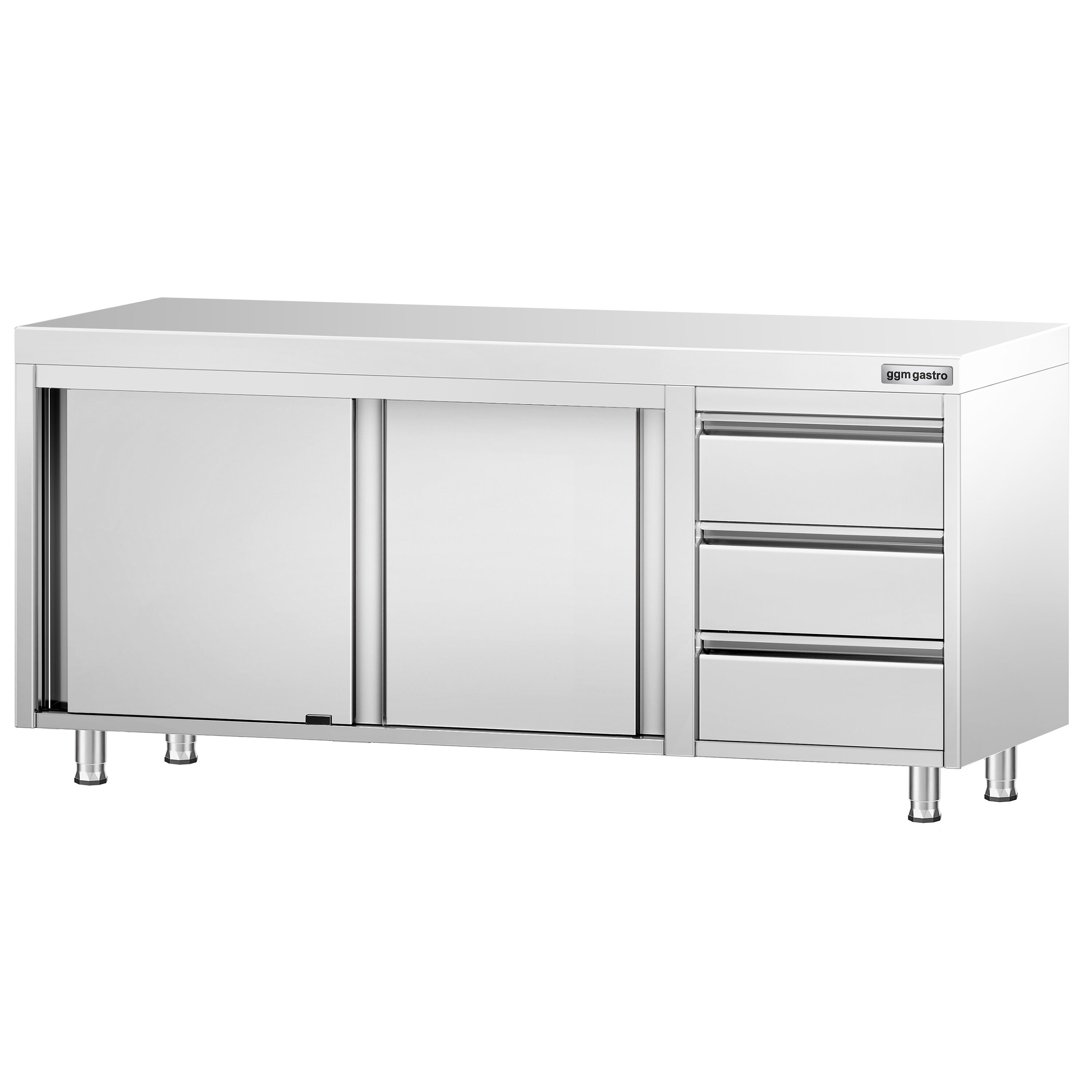 Table armoire en acier inoxydable PREMIUM - 2000x600mm - avec 3 tiroirs à droite et portes coulissantes et étagère basse