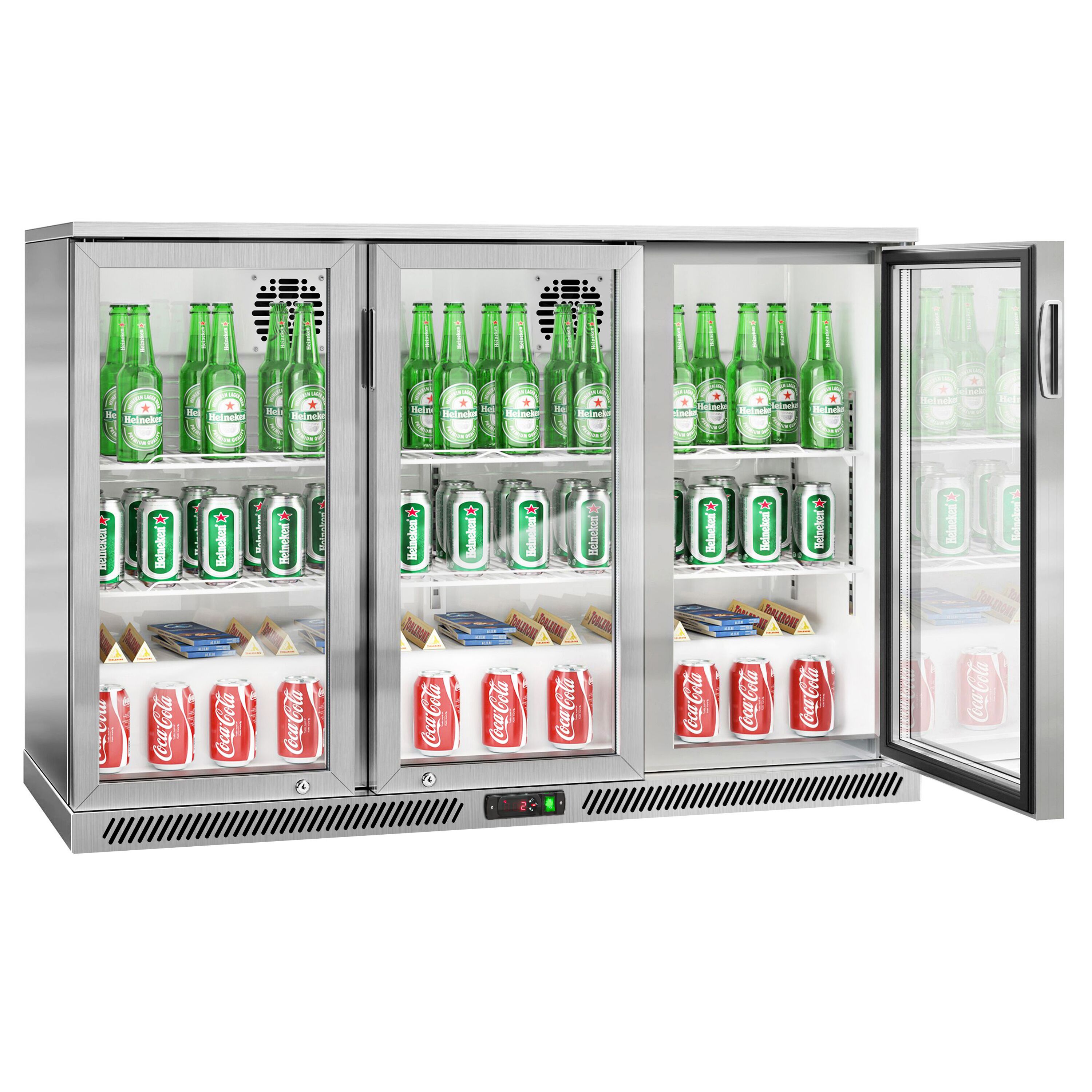 Réfrigérateur de bar – 1350 mm – 320 litres – avec 3 portes vitrées battantes – en inox