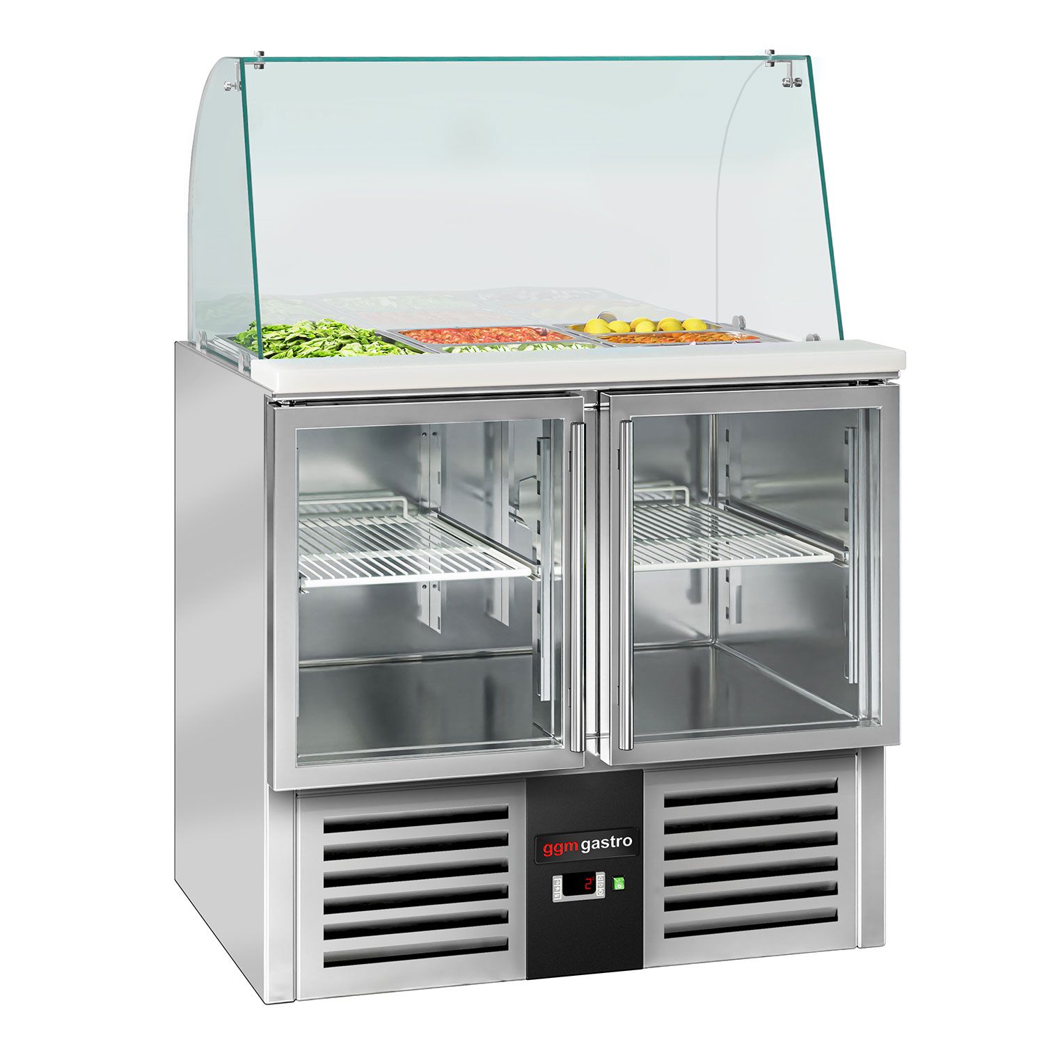 Saladette réfrigérée PREMIUM - 900mm - 288L - 2 portes vitrées - avec vitrine de comptoir pour 2x GN 1/1 & 3x GN 1/6 - Pour FR