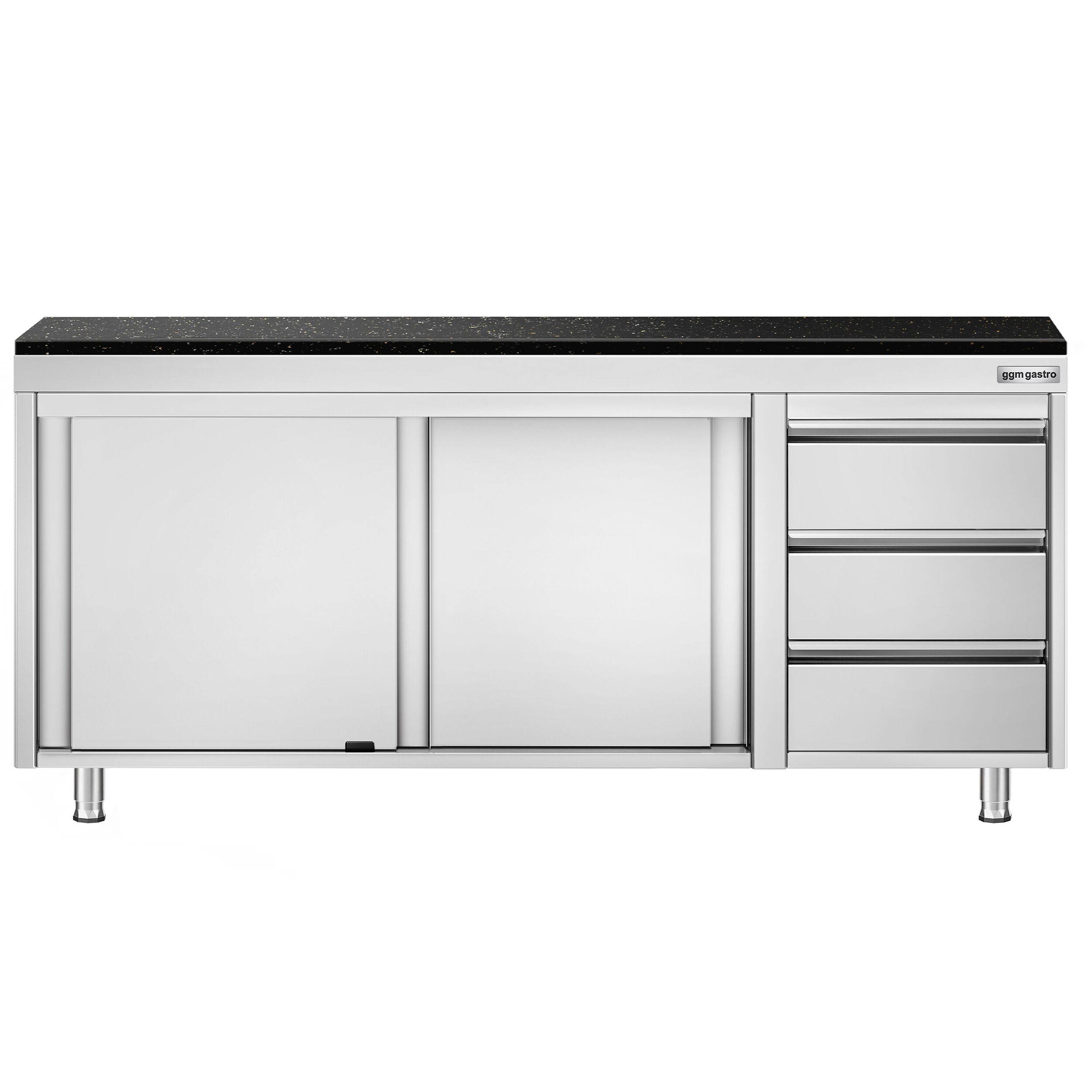 Roestvrijstalen werkkast PREMIUM - 2000 x 600 mm - met 3 lades rechts - incl. granieten werkblad