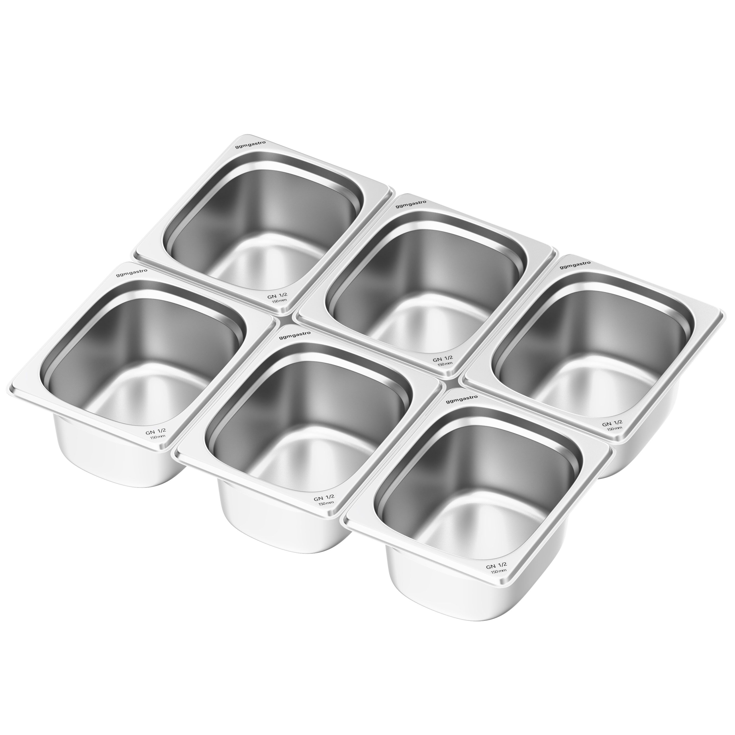(6 pièces) Bac GN 1/2 en inox - Hauteur : 150 mm