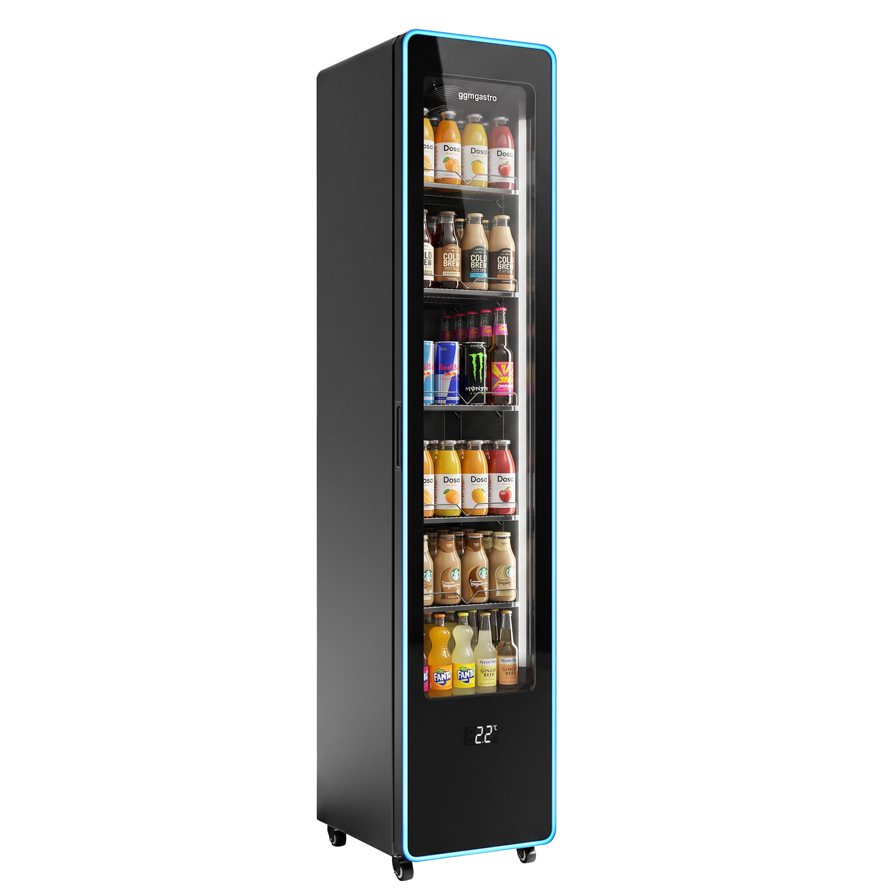 Beverage refrigerator – 145 litres – frameless design – slimline – with 1 glass door and coloured LED lighting