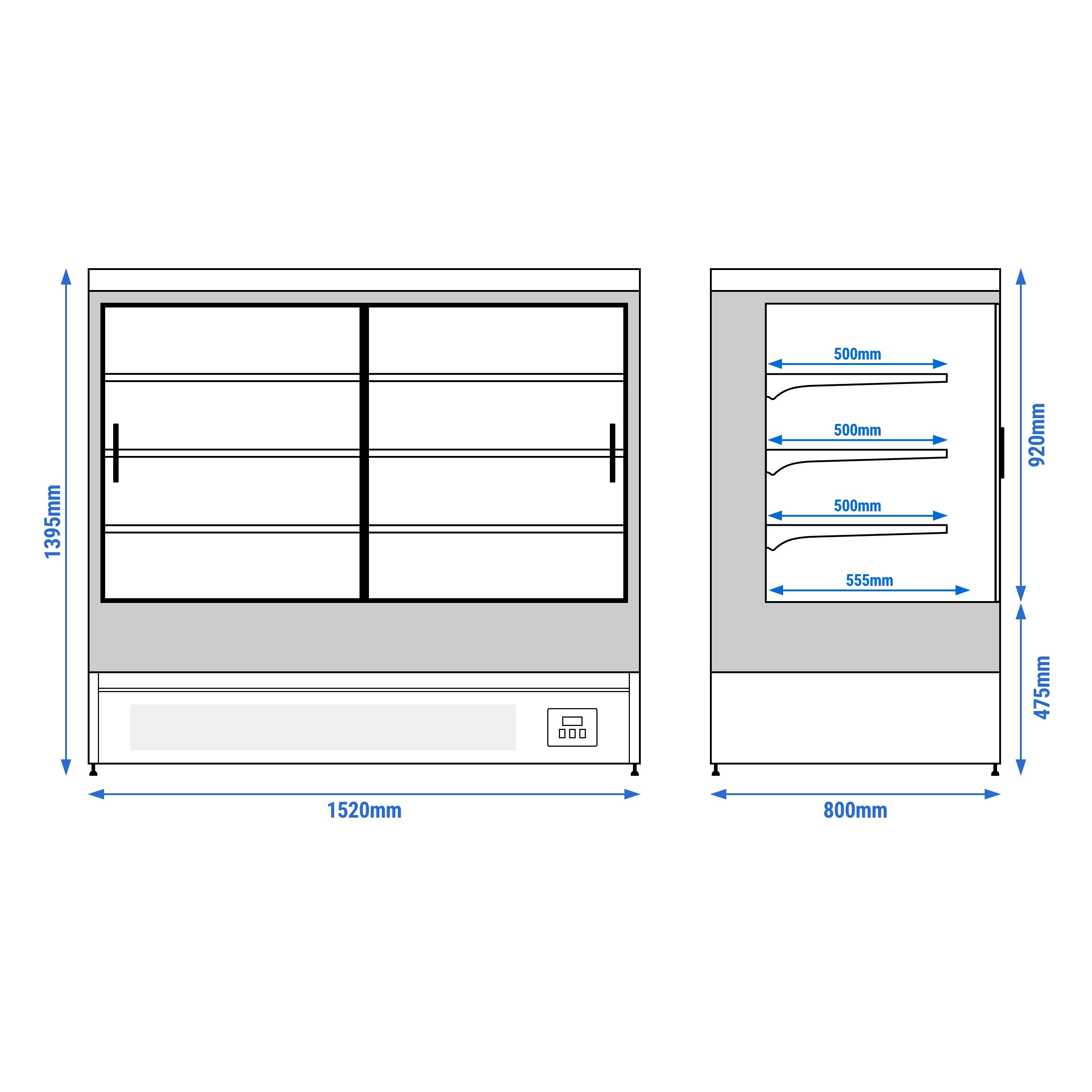 Commercial multideck display fridge - 1520mm - 493L - with 2 double‑glazed sliding doors & 3 shelves - Black
