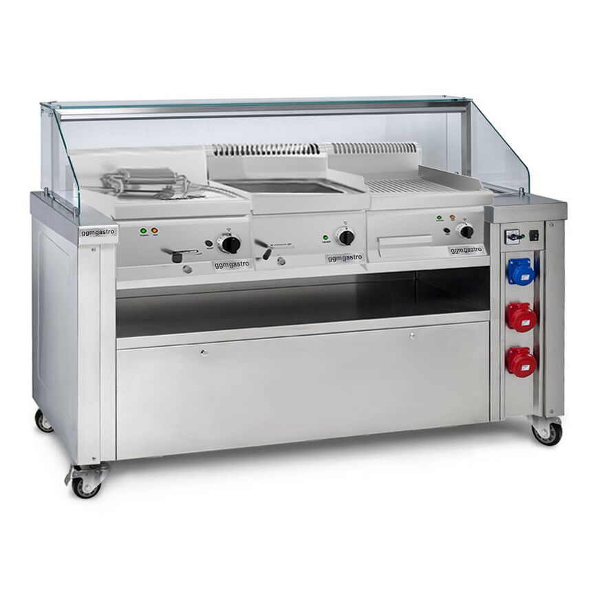 Station de cuisson mobile - 1600 x 850 mm - Hauteur : 1170 mm - incl. friteuse, plaque de cuisson & bain-marie