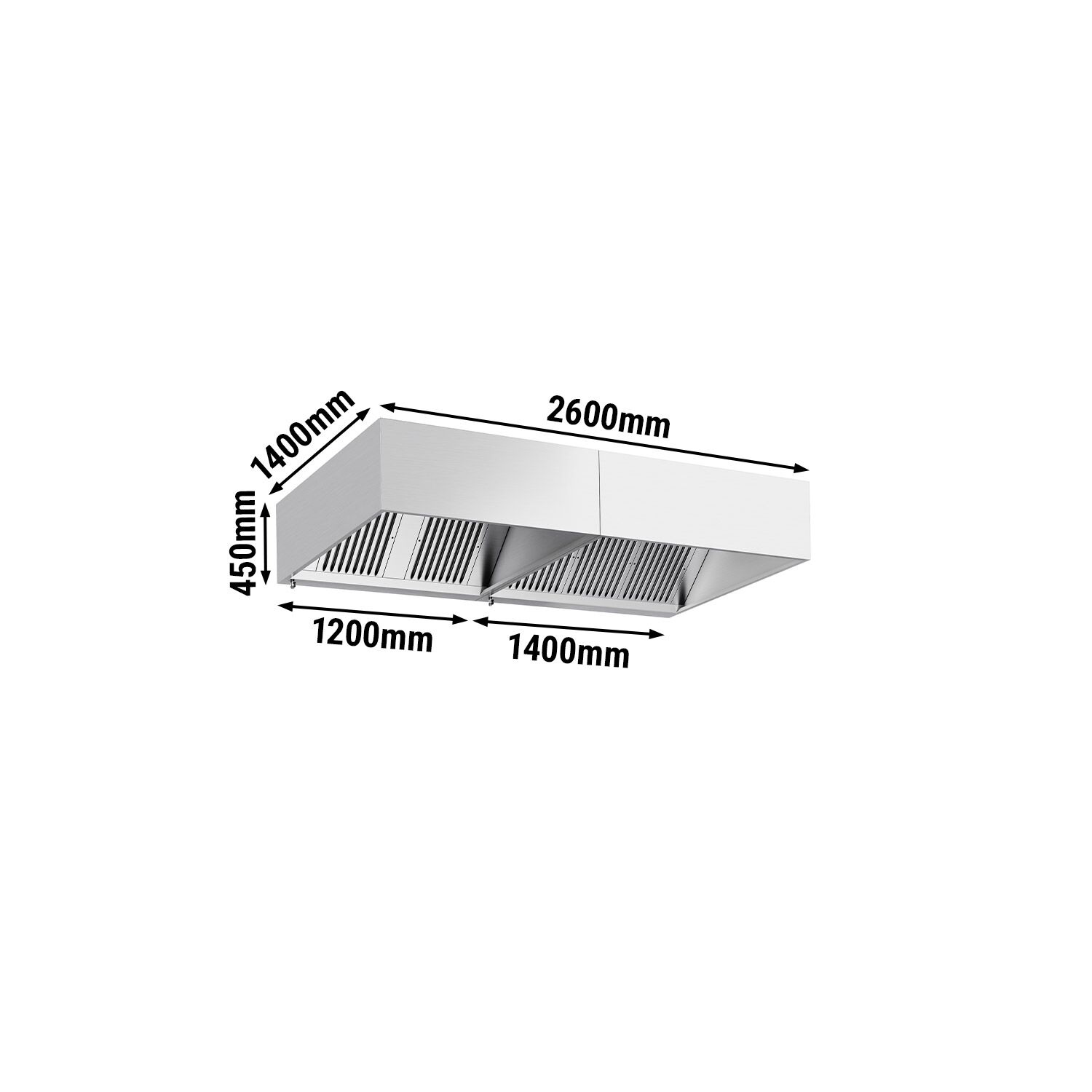 Hotte à adosser professionnelle - Profondeur 1100 - 2600mm - sans moteur - avec filtres et éclairage