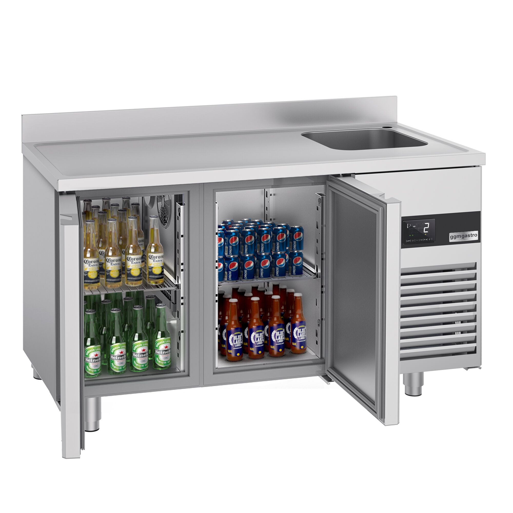 Commercial Counter Fridge PREMIUM - 1430x700mm - with 2 doors - sink right - with upstand - capacity 270 litres