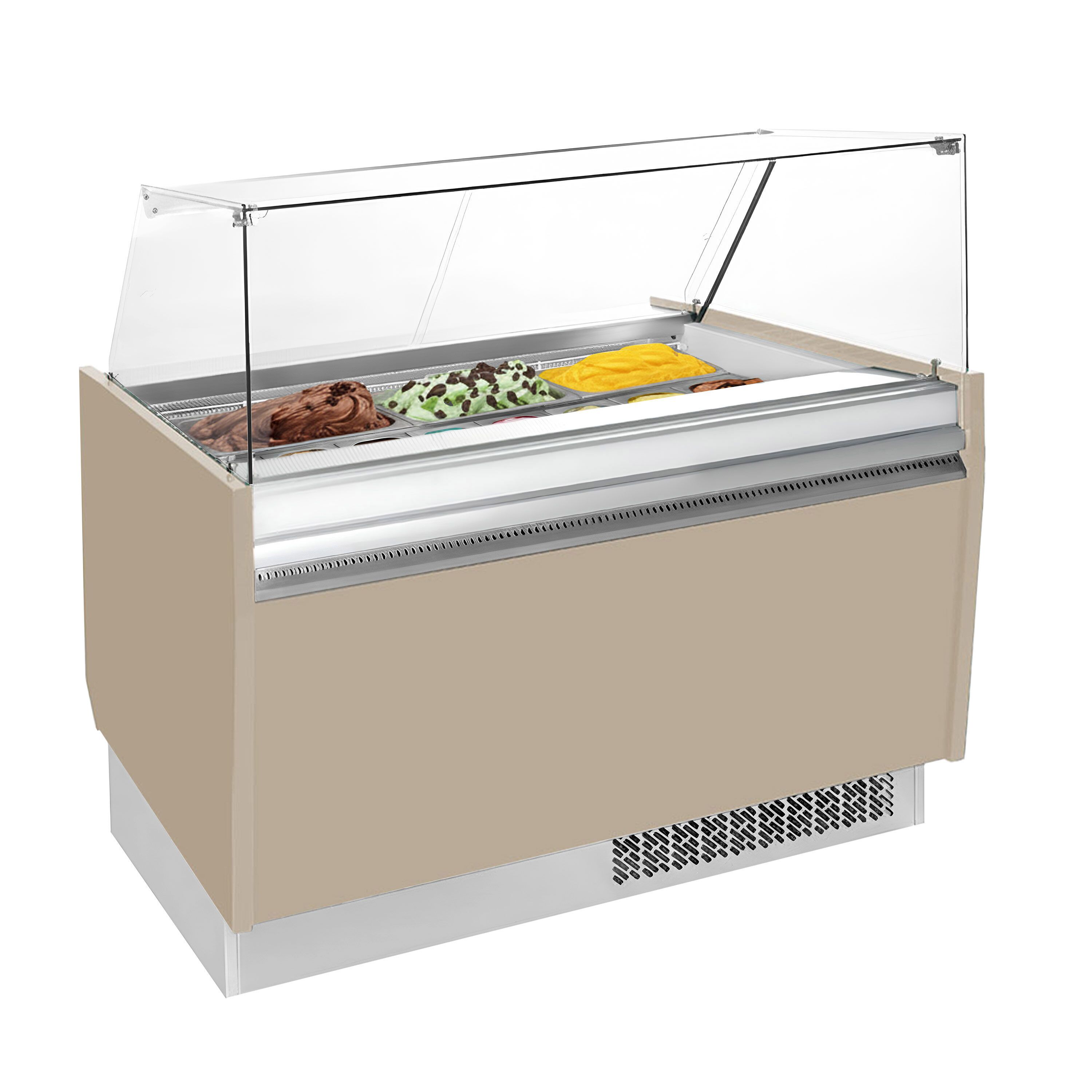 Vitrine à glace LIAM – 1310 mm – refroidissement statique – pour 10+10 bacs à glace de 5 litres – Beige