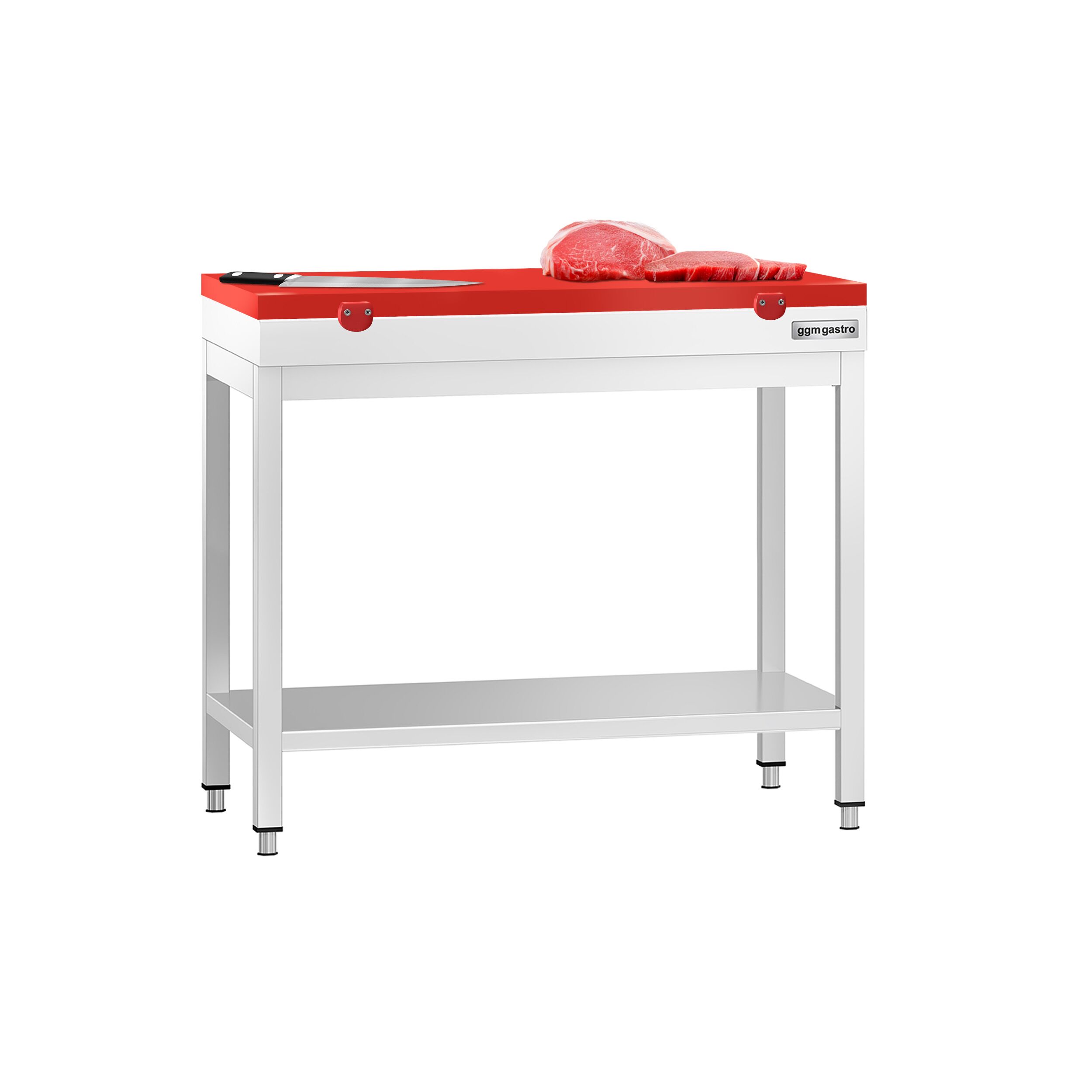 Stół roboczy centralny ze stali nierdzewnej PREMIUM - 800x700mm - z półką - z deską do krojenia Czerwony