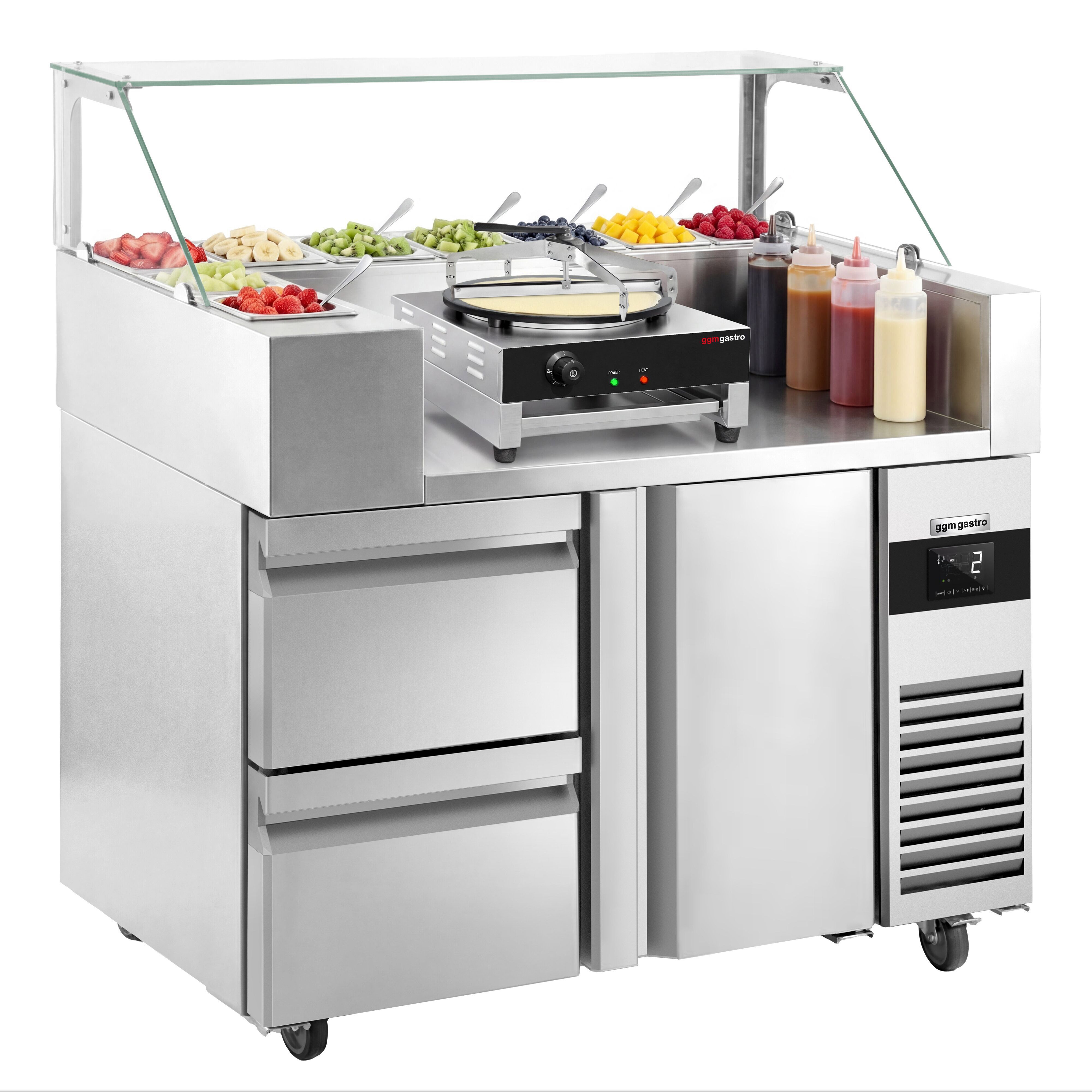 Table de préparation – 1210 mm – 1 porte & 2 tiroirs – pour 9 bacs GN 1/6 – incl. appareil à crêpes & répartiteur de pâte