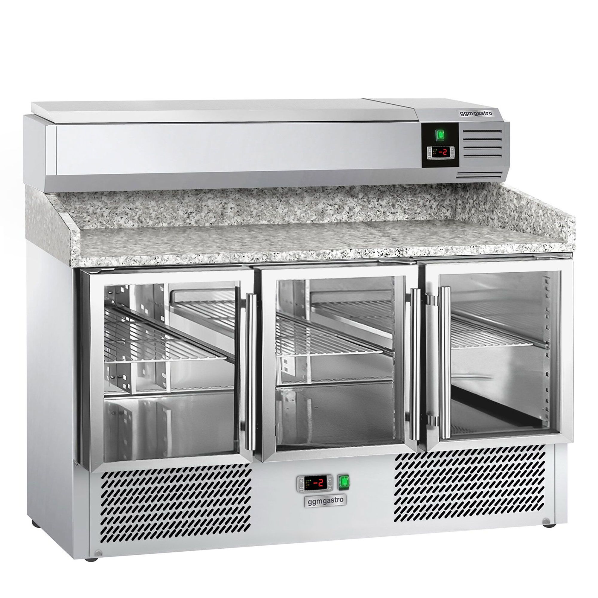 Banco pizza refrigerato ECO - 1400x700mm - con 3 porte in vetro - piano in granito - con vetrina ingredienti refrigerata superiore - 6x GN 1/4