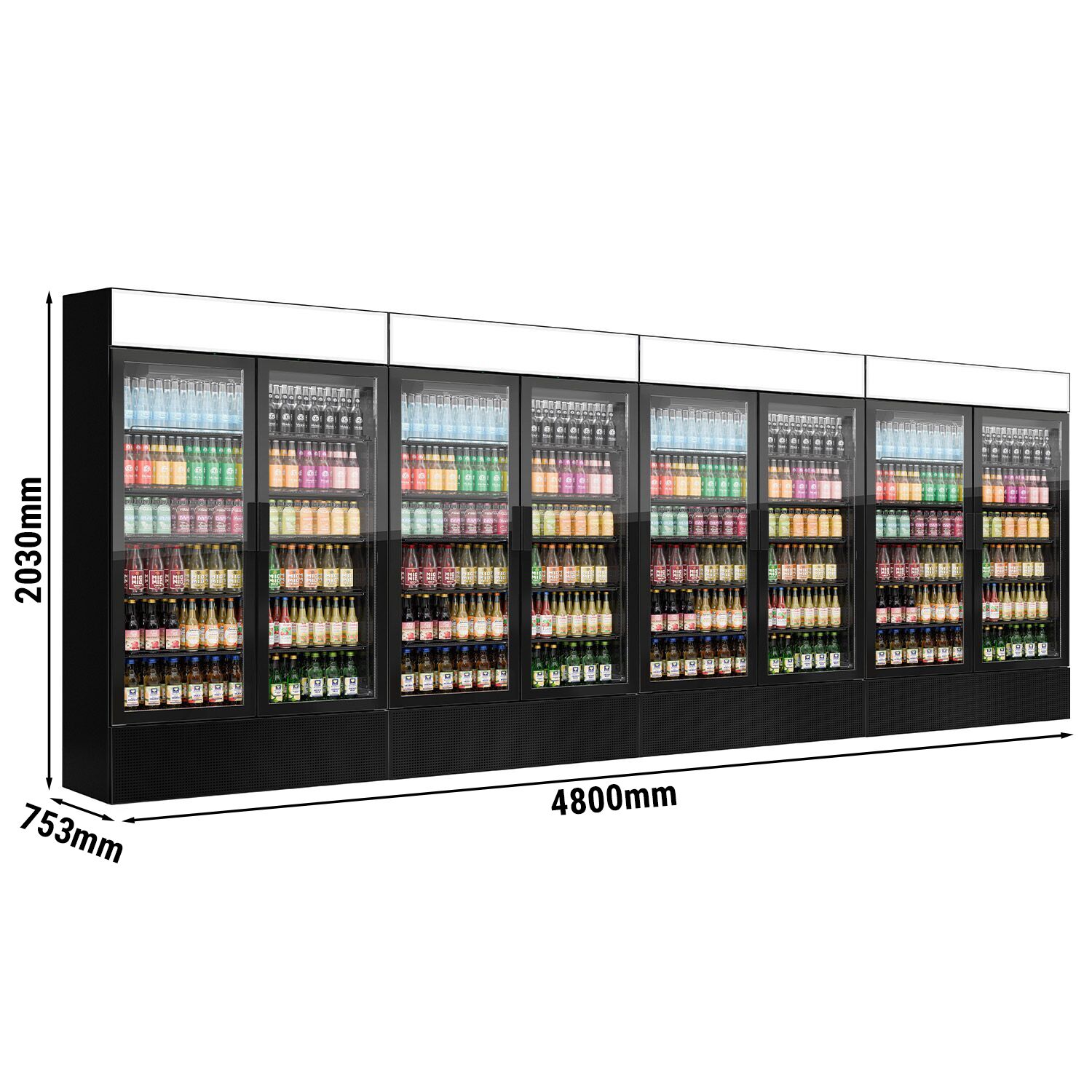 (4 pièces) Vitrine réfrigérée à boissons - 4800 litres - design sans cadre - avec 8 portes vitrées et écran publicitaire