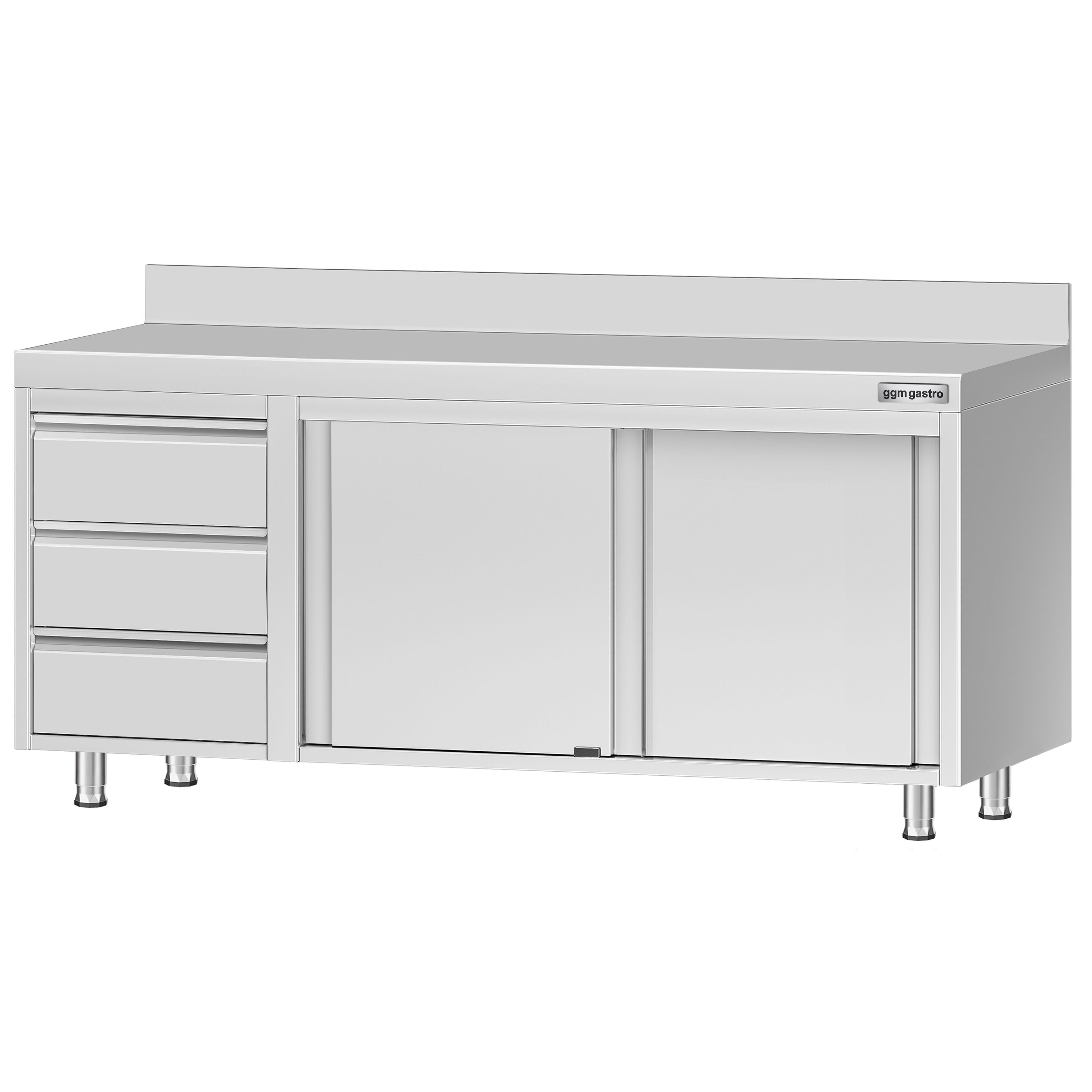 Table armoire en acier inoxydable ECO - 2000x600mm - avec portes coulissantes et 3 tiroirs à gauche et étagère basse - avec dosseret