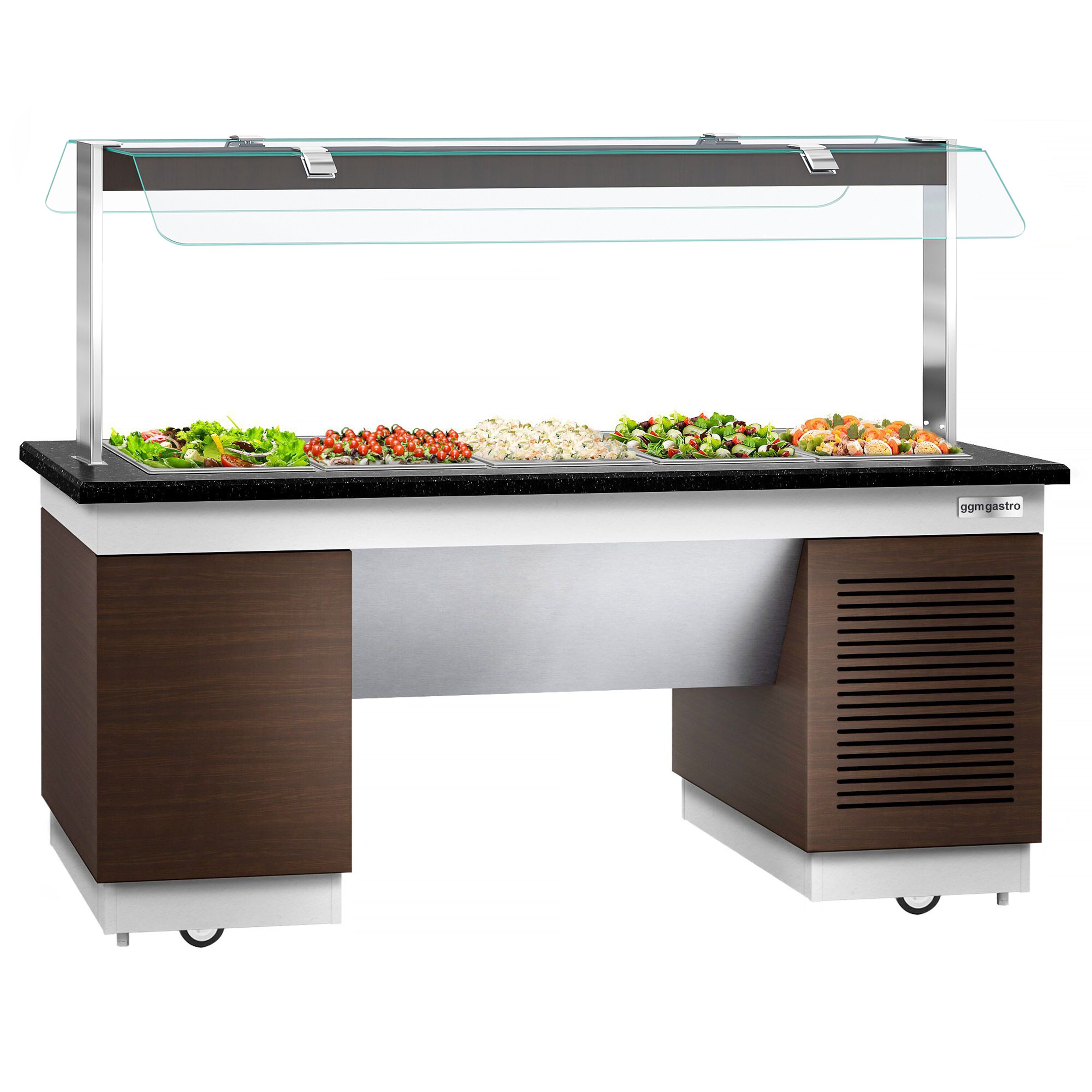 Refrigerated Salad Bar DUBLIN - 2000mm - with Refrigerated Well + Flat Glass Sneeze Guard - on Castors - for 5x GN 1/1
