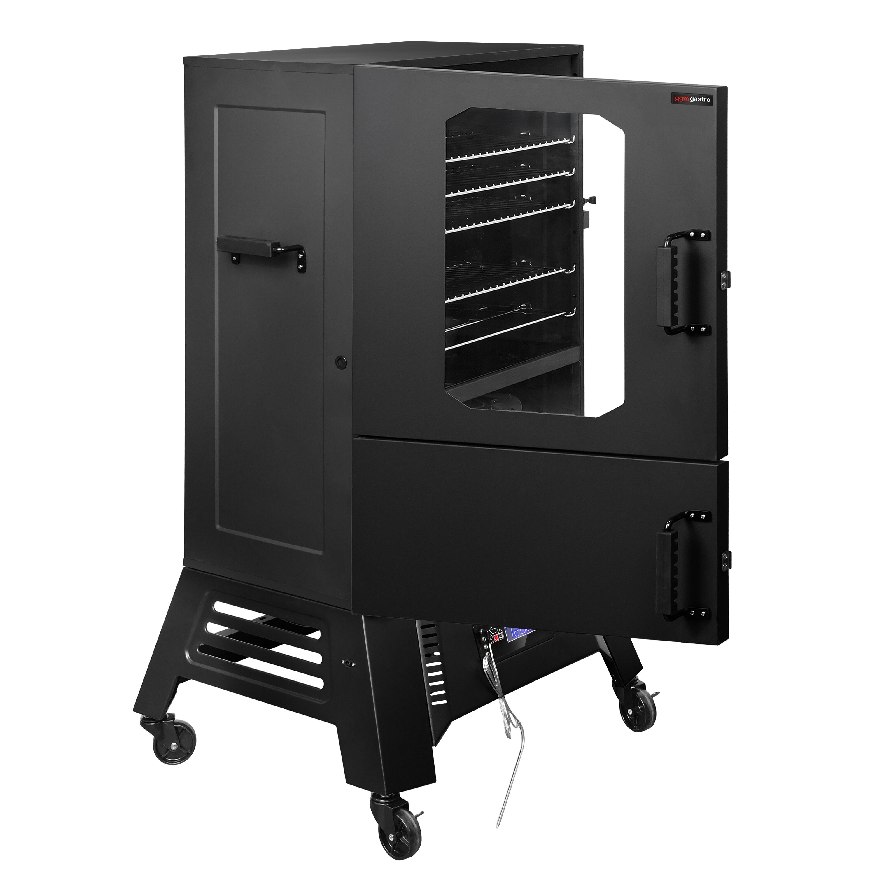 Fumoir électrique professionnel - Commande électronique - avec 4 étagères - 670x739mm - sur roulettes - Noir - fumage à chaud et à froid