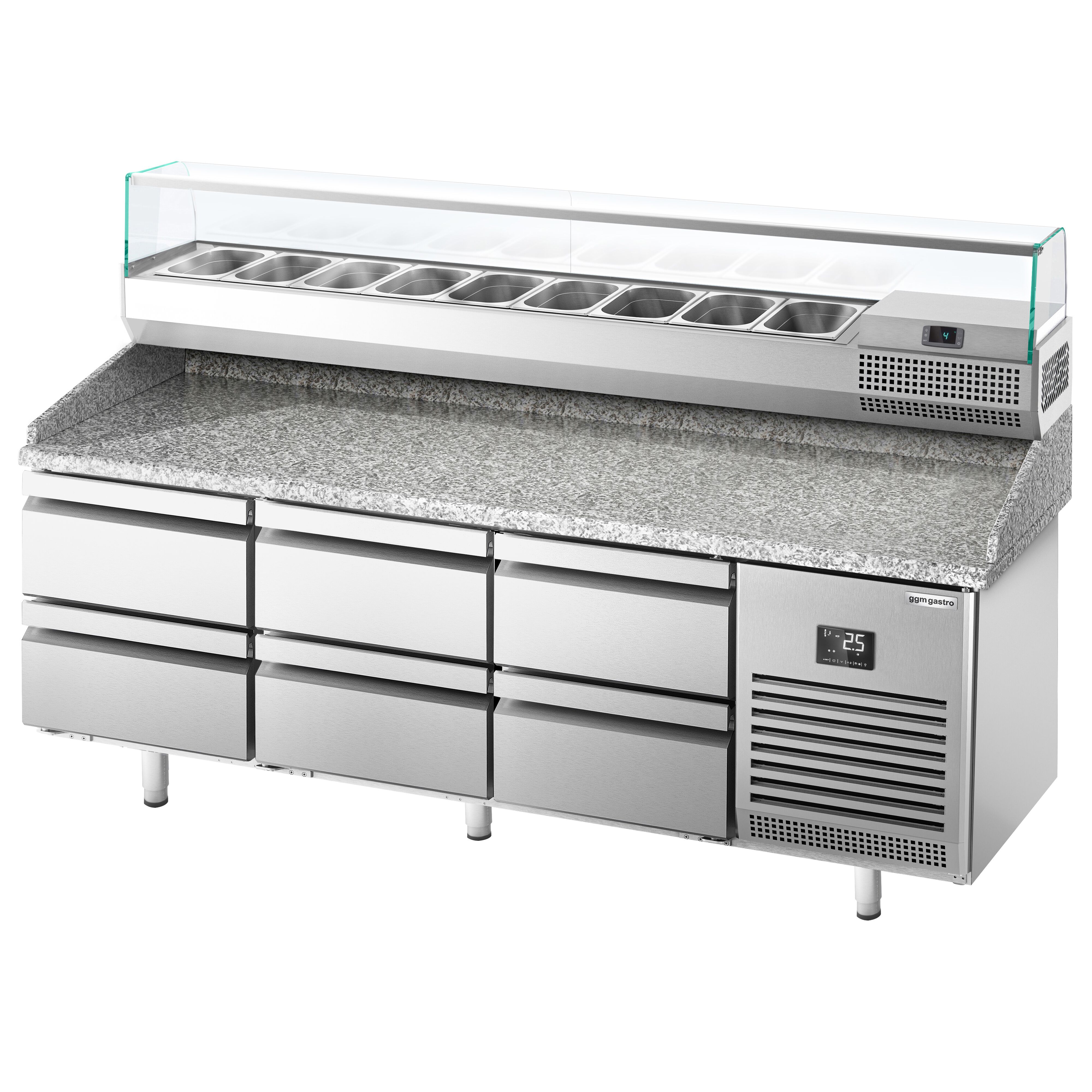 Table réfrigérée à pizza Premium PLUS - 1980x700 mm - avec 6 tiroirs - incl. vitrine réfrigérée - 9x GN 1/4
