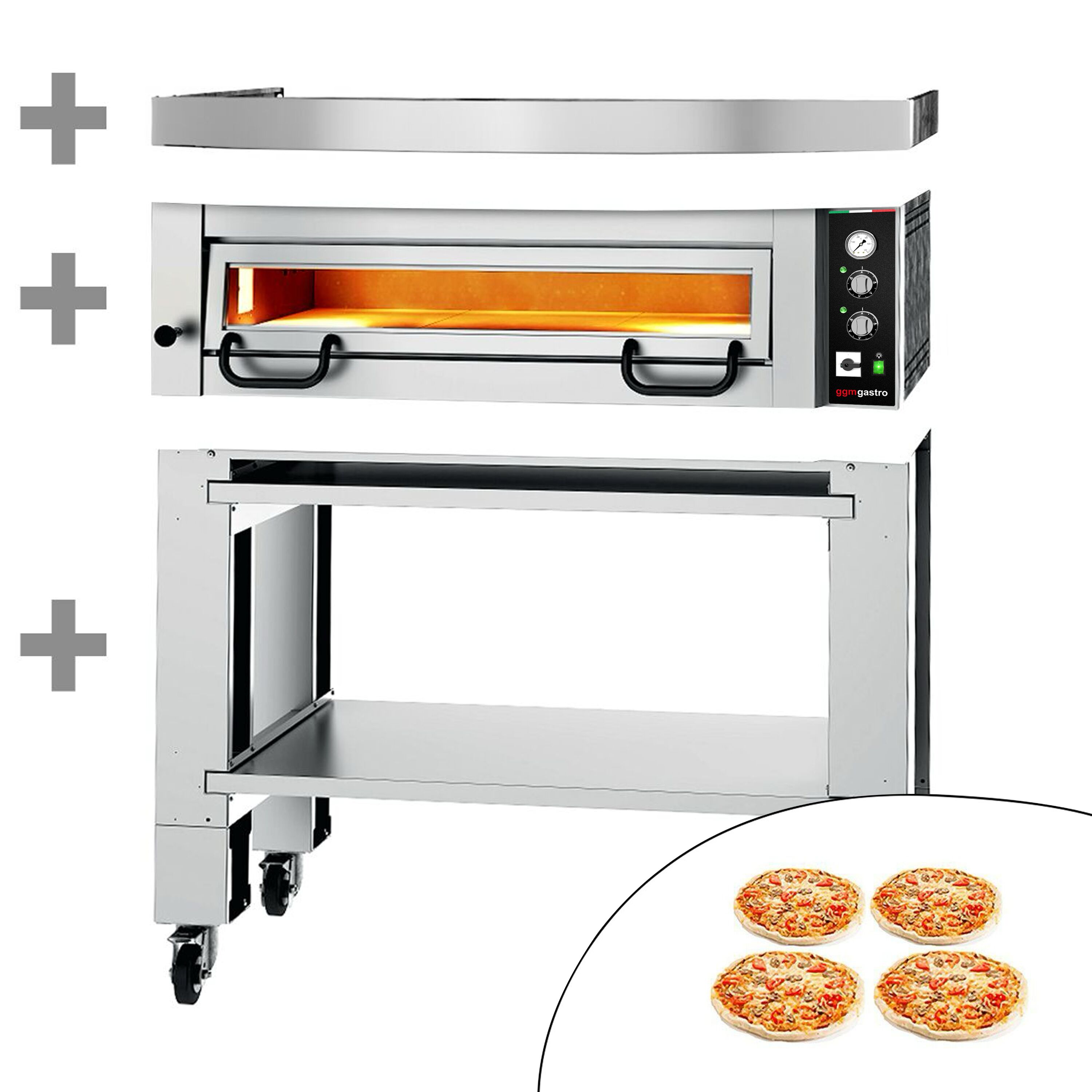 Four à pizza électrique Power – 4 x 34 cm – Manuel – incl. hotte et support inférieur