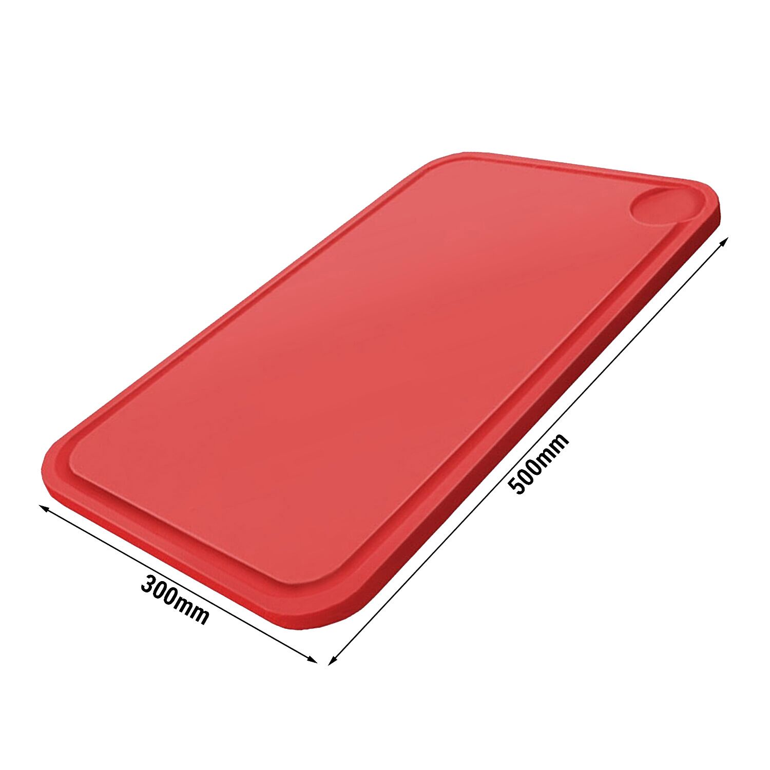 Planche à découper avec rigole à jus - 300x500mm - Épaisseur: 20mm - Conforme HACCP - Polyéthylène - Rouge