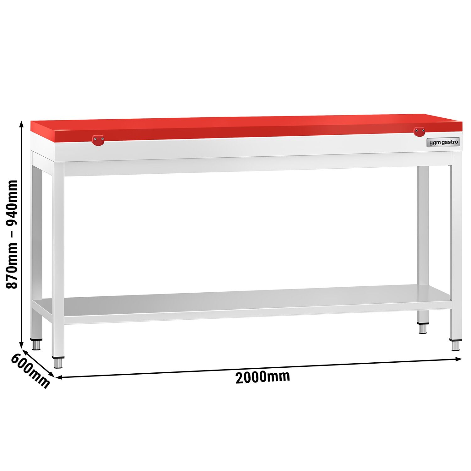 Table de travail inox PREMIUM - 2000 x 600 mm - avec tablette inférieure - incl. Planche à découper Rouge