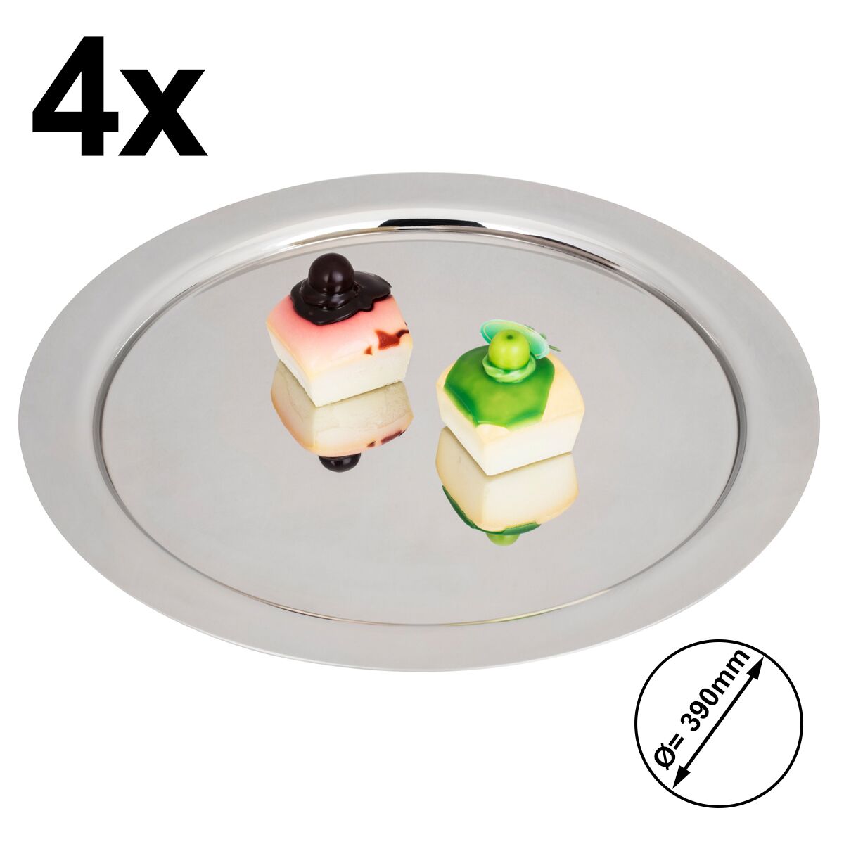 (4 pcs) Plateau de présentation - Acier inoxydable - Ø390mm - poli miroir - avec cloche transparente