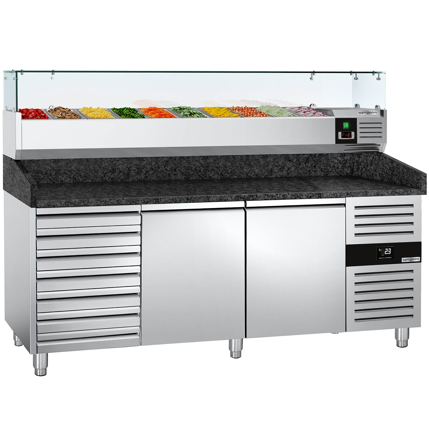 Table réfrigérée à pizza PREMIUM - 2000 x 800 mm - avec 2 portes et 7 tiroirs - incl. vitrine réfrigérée - 10 x GN 1/4