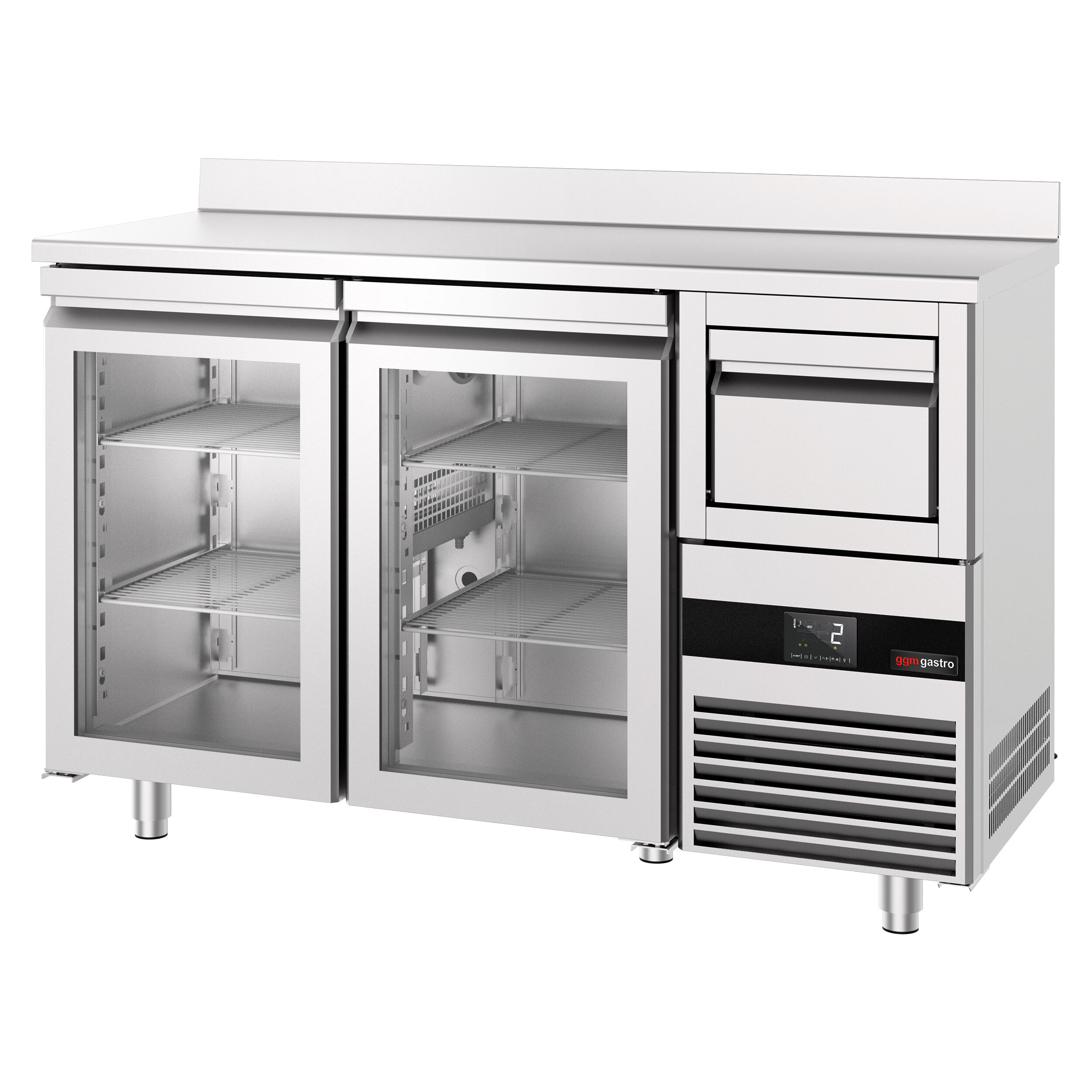 Arrière-bar réfrigéré professionnel PREMIUM - 1580 x 600 mm - avec 2 portes vitrées - avec dosseret - avec tiroir à marc de café