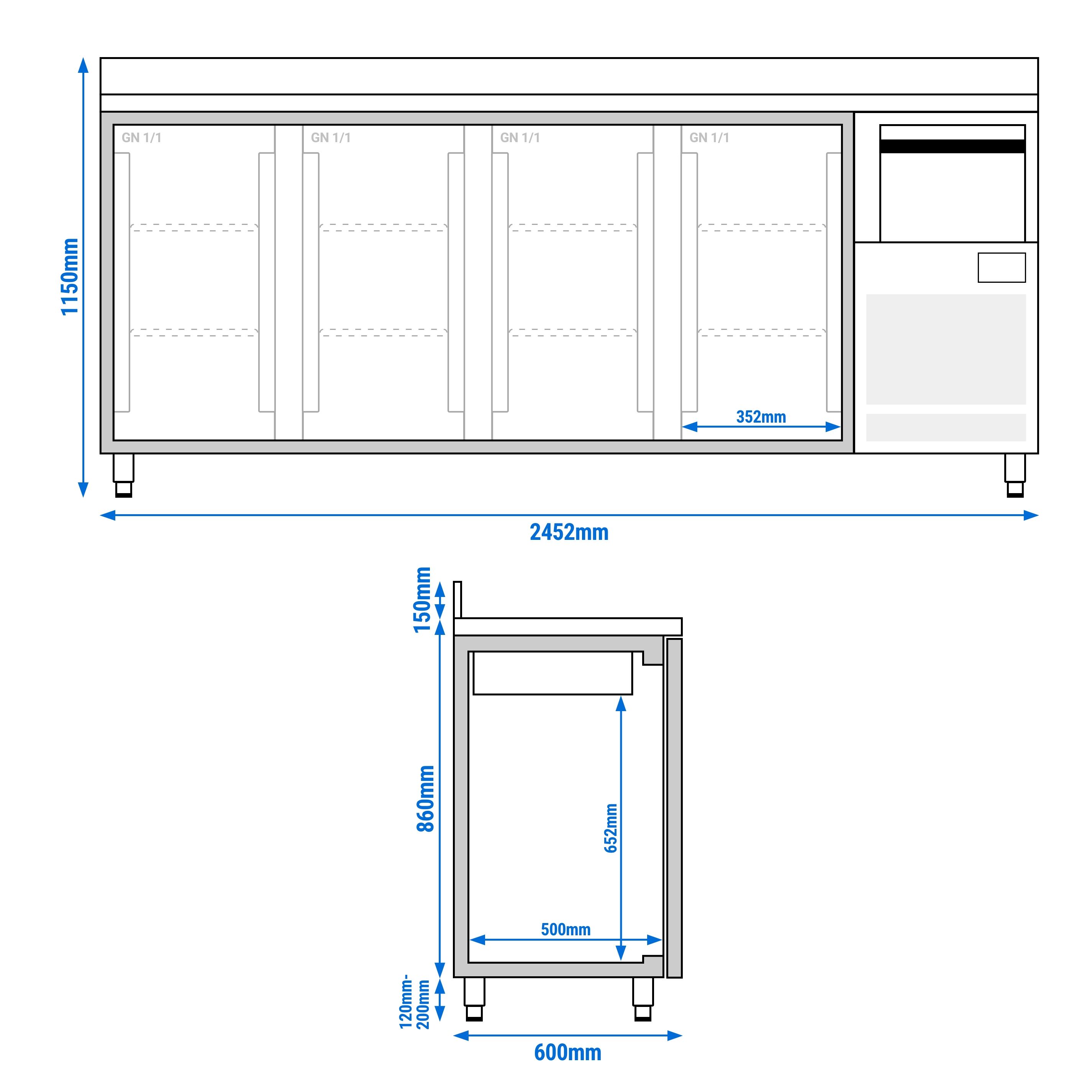 Commercial Back Bar Bottle Cooler PREMIUM PLUS - 2452x600x1150mm - with 4 Hinged Glass Doors, upstand & knock box for coffee - 690L