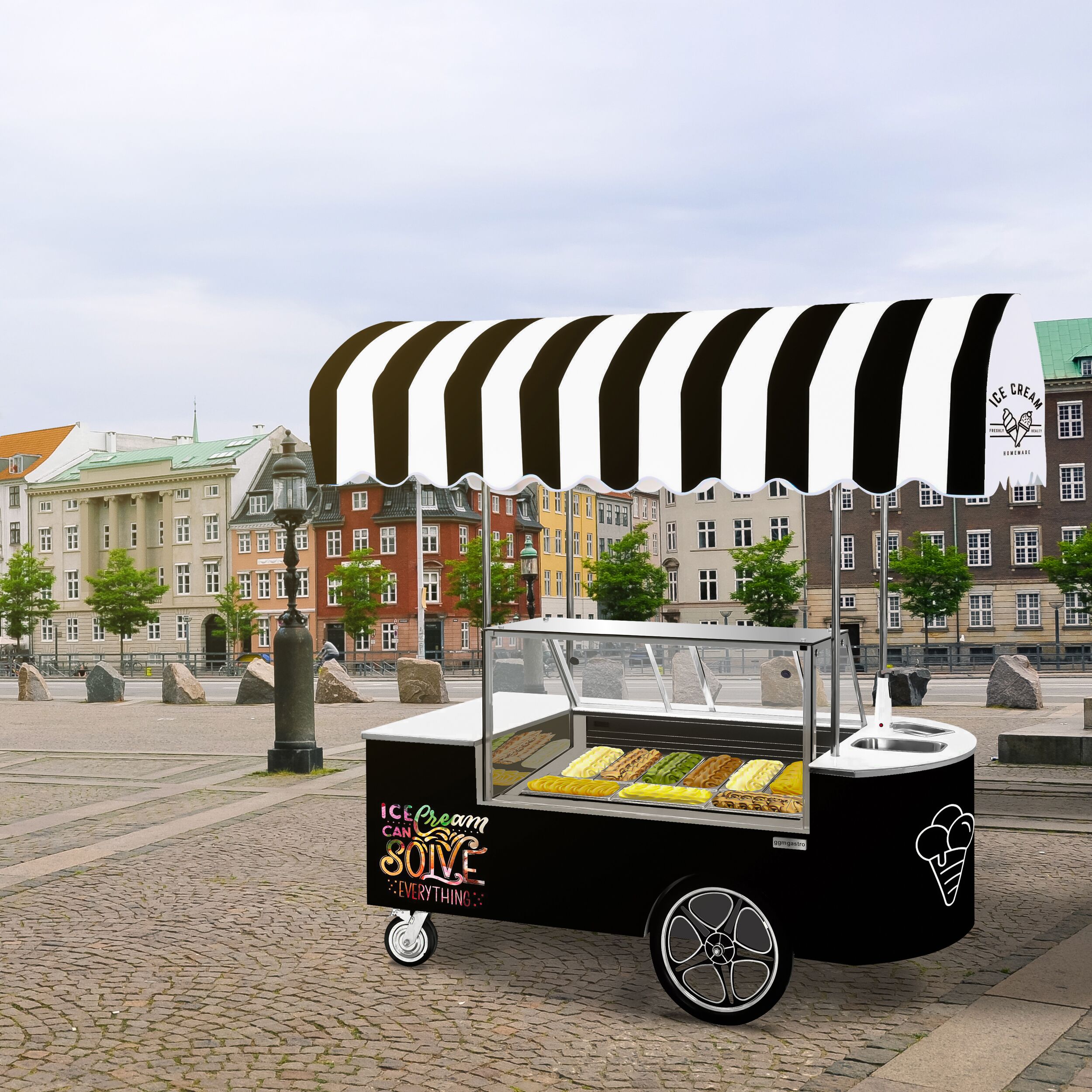 Chariot à glace – 2146 mm – avec évier et vitrine à glace rectangulaire – pour 9 bacs à glace de 5 litres