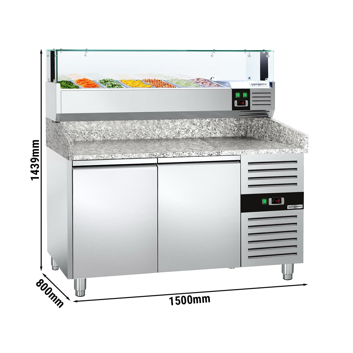 Table réfrigérée pour pizza PREMIUM - 1500 x 800 mm - avec 2 portes - incl. vitrine réfrigérée avec LED - 7 x GN 1/4