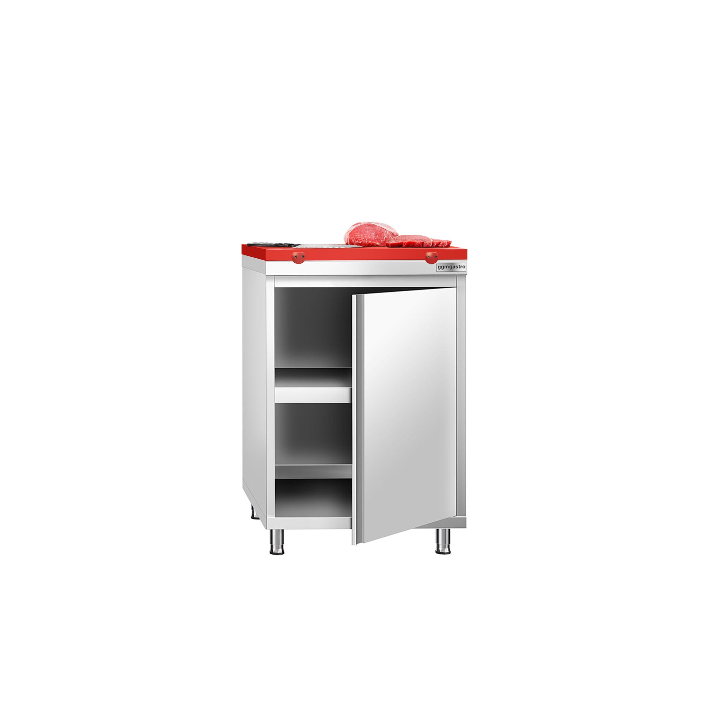 Table armoire en acier inoxydable PREMIUM - 600x600mm - avec portes battantes et étagère basse - pour viande crue - incl. plateau de découpe Rouge PEHD (HACCP)
