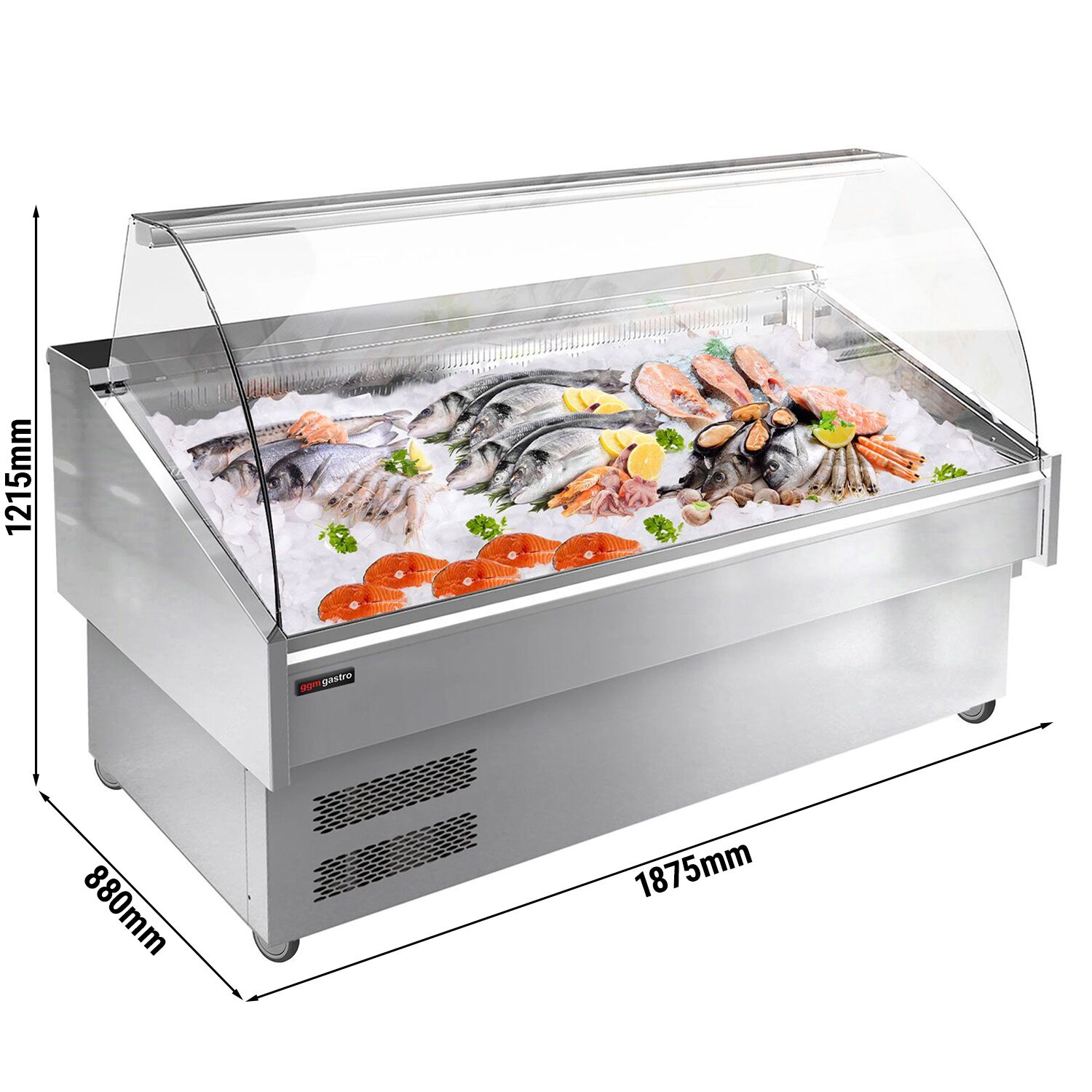 Fish Display Counter / Fish Serve Over Counter - 1875mm - curved front glass - LED lighting - with wheels