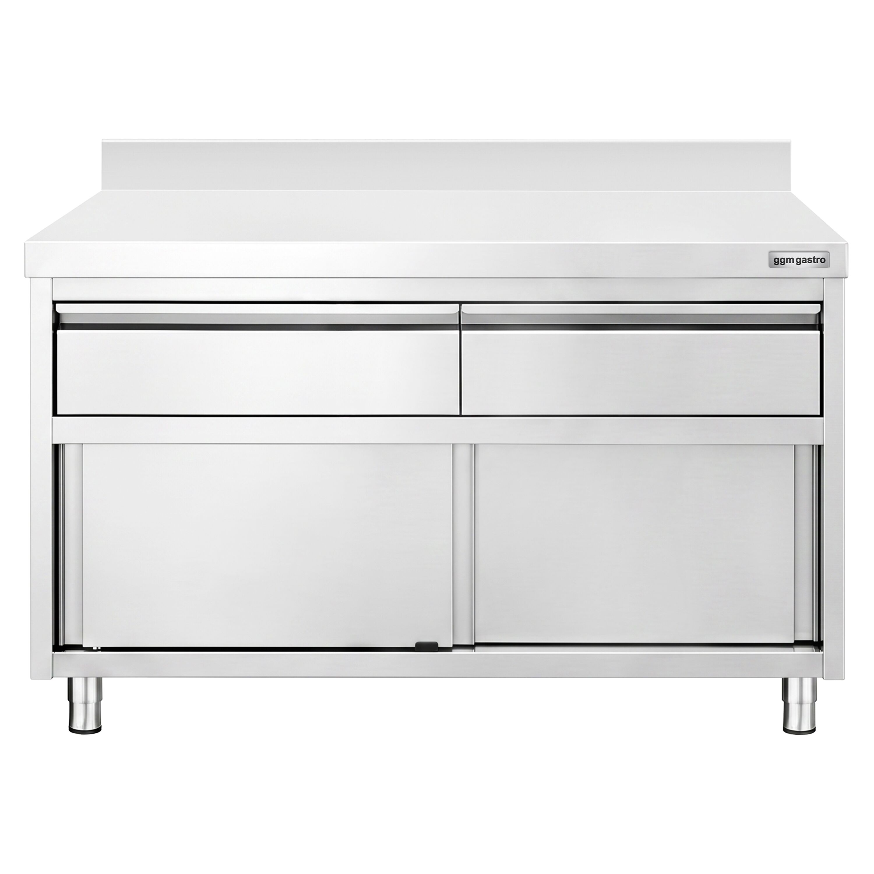 Armoire de travail en acier inoxydable PREMIUM - 1 200 x 600 mm - avec rebord - avec 2 tiroirs et une porte coulissante