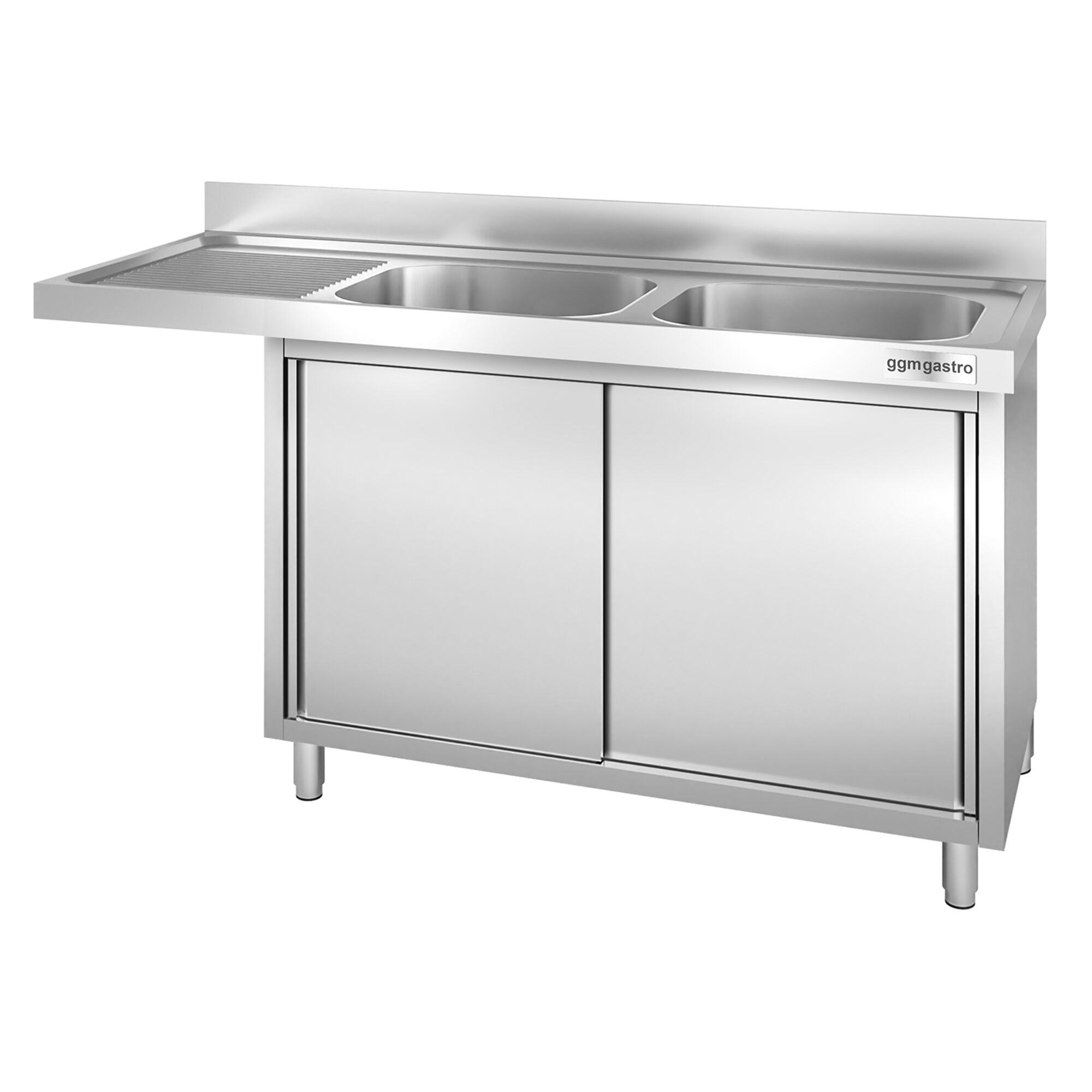 Plonge inox professionnelle PREMIUM - 2000x600mm - 2 bac(s) à droite - avec égouttoir à gauche - passage lave-vaisselle à gauche