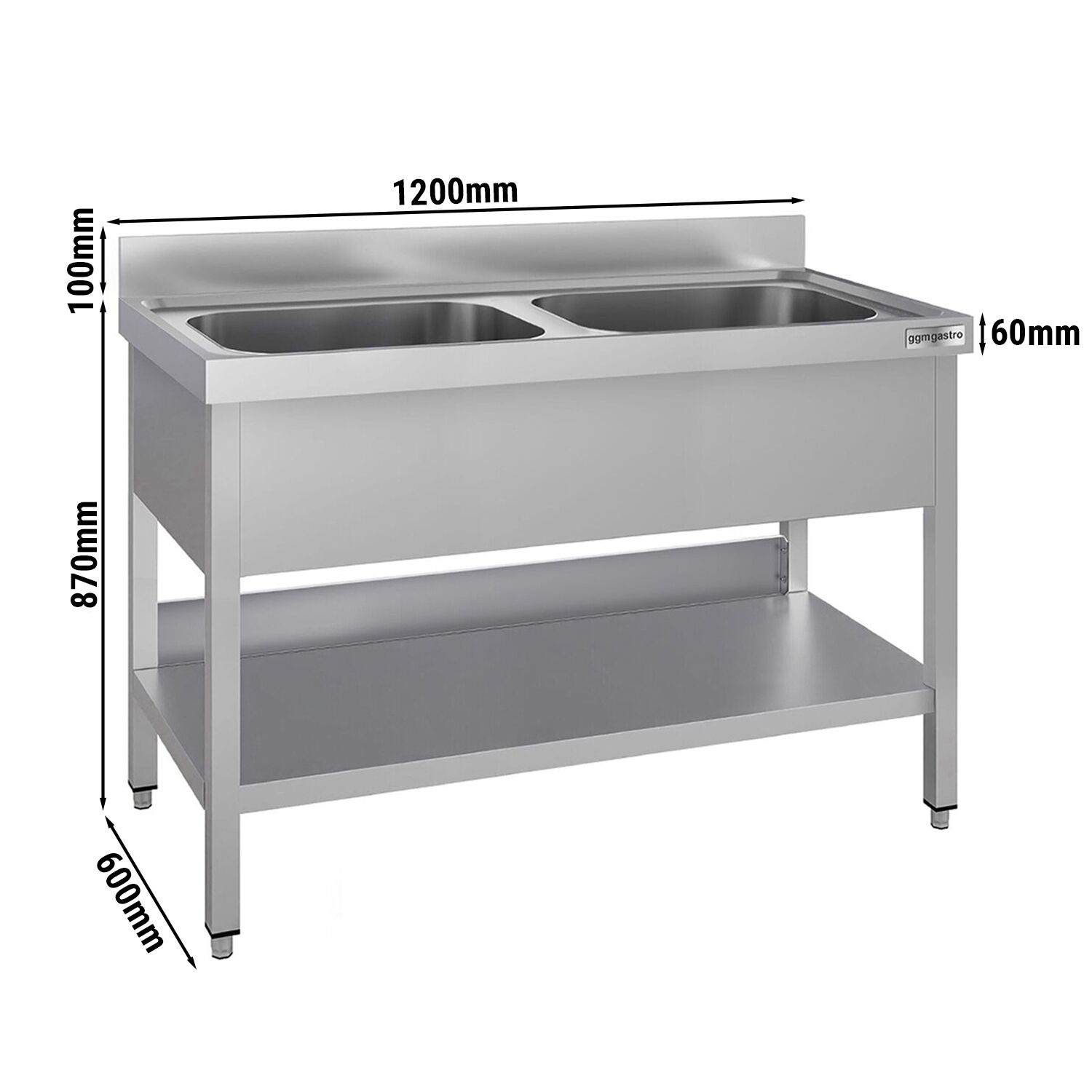 Plonge en inox ECO - 1200x600mm - avec étagère basse - 2 bacs au centre