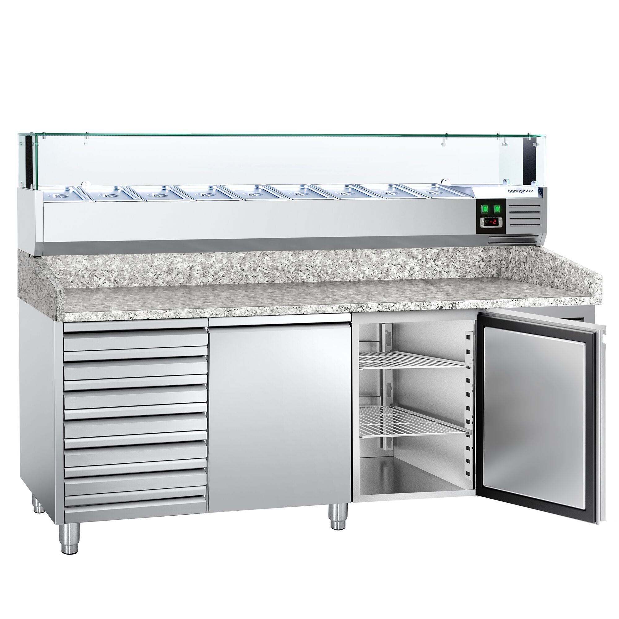 Table réfrigérée pour pizza PREMIUM - 2000 x 800 mm - avec 2 portes & 7 tiroirs - incl. vitrine réfrigérée avec LED - 9 x GN 1/3