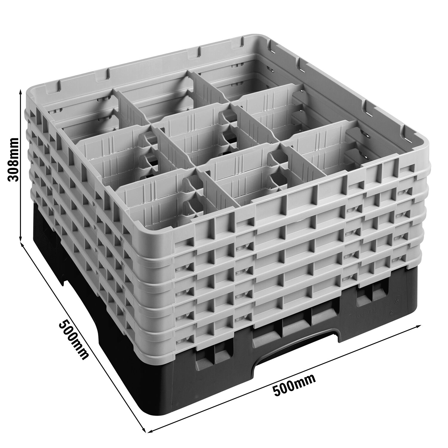CAMBRO | CAMRACK® Glasswasher Rack – 9-Compartment, 1 Extender – 500×500×308 mm – Black