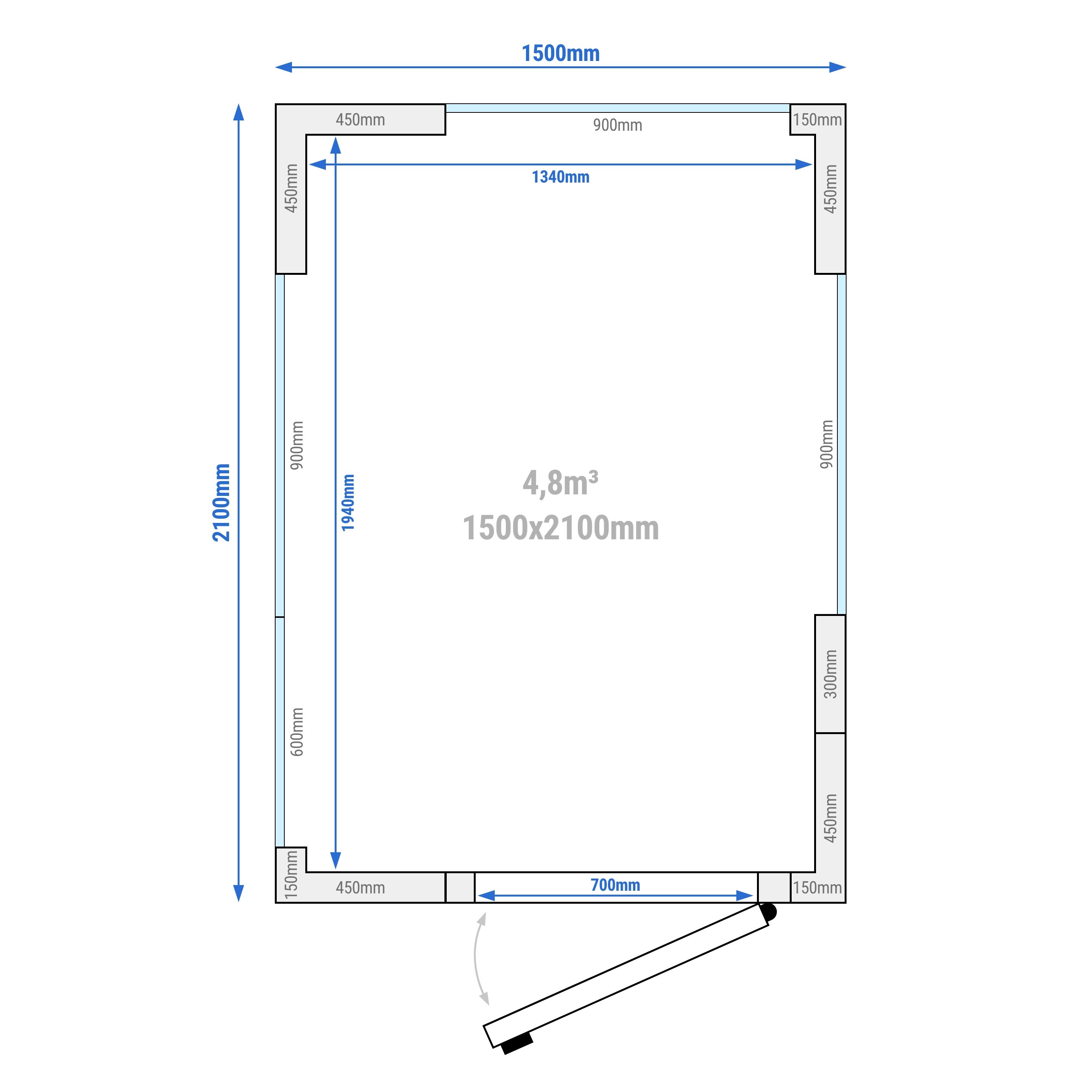Chambre froide - 1500 x 2100 mm - 4,8 m³ - avec 3 côtés en verre
