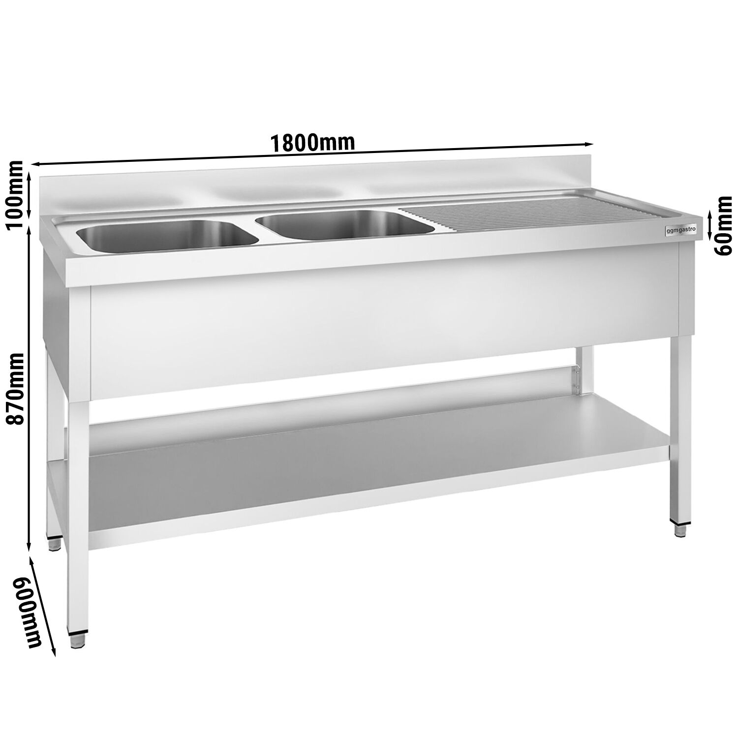 Plonge en inox PREMIUM - 1800x600mm - avec étagère basse - 2 bacs à gauche