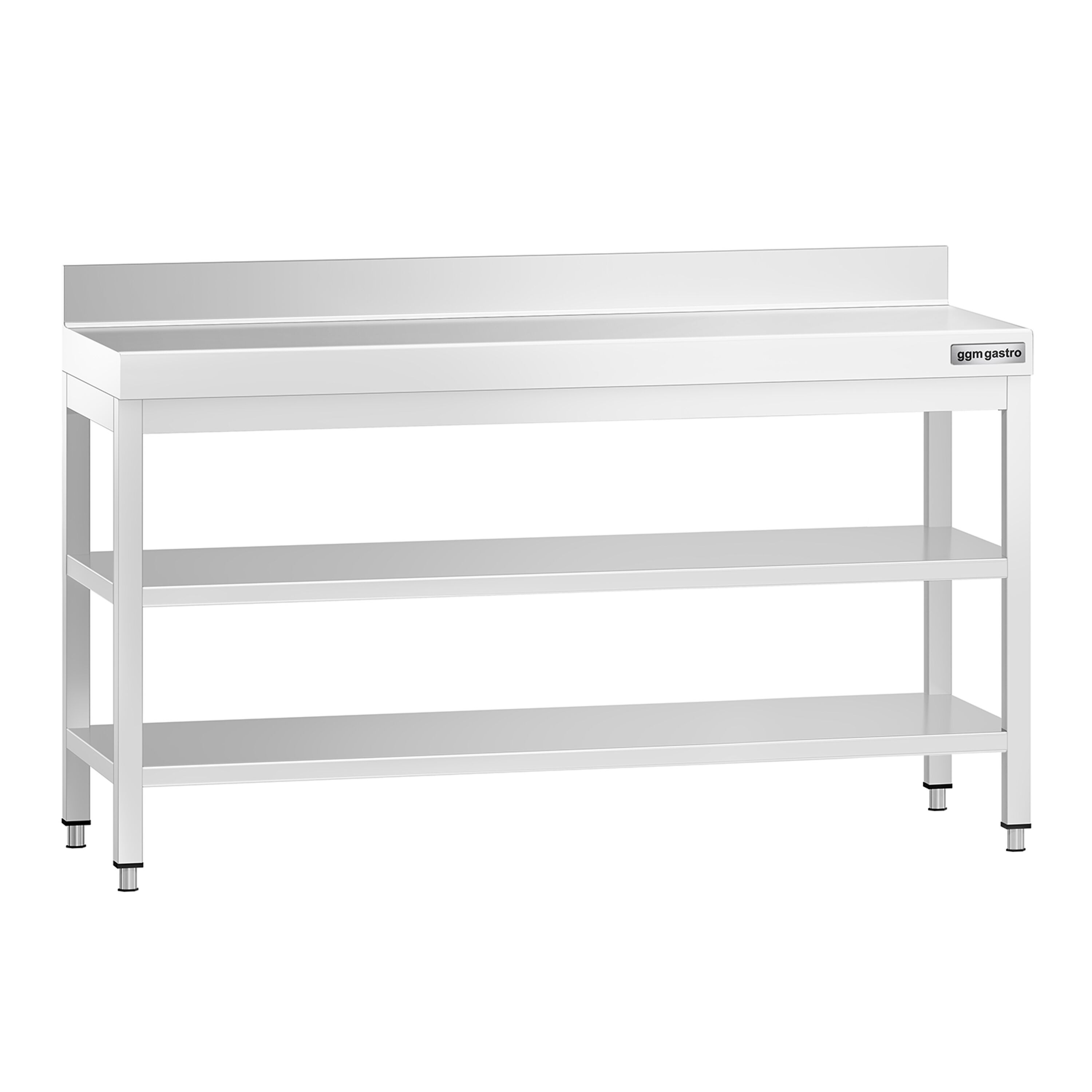 Table de travail inox PREMIUM - 1600 x 600 mm - avec tablette inférieure, Dosseret & Tablette intermédiaire