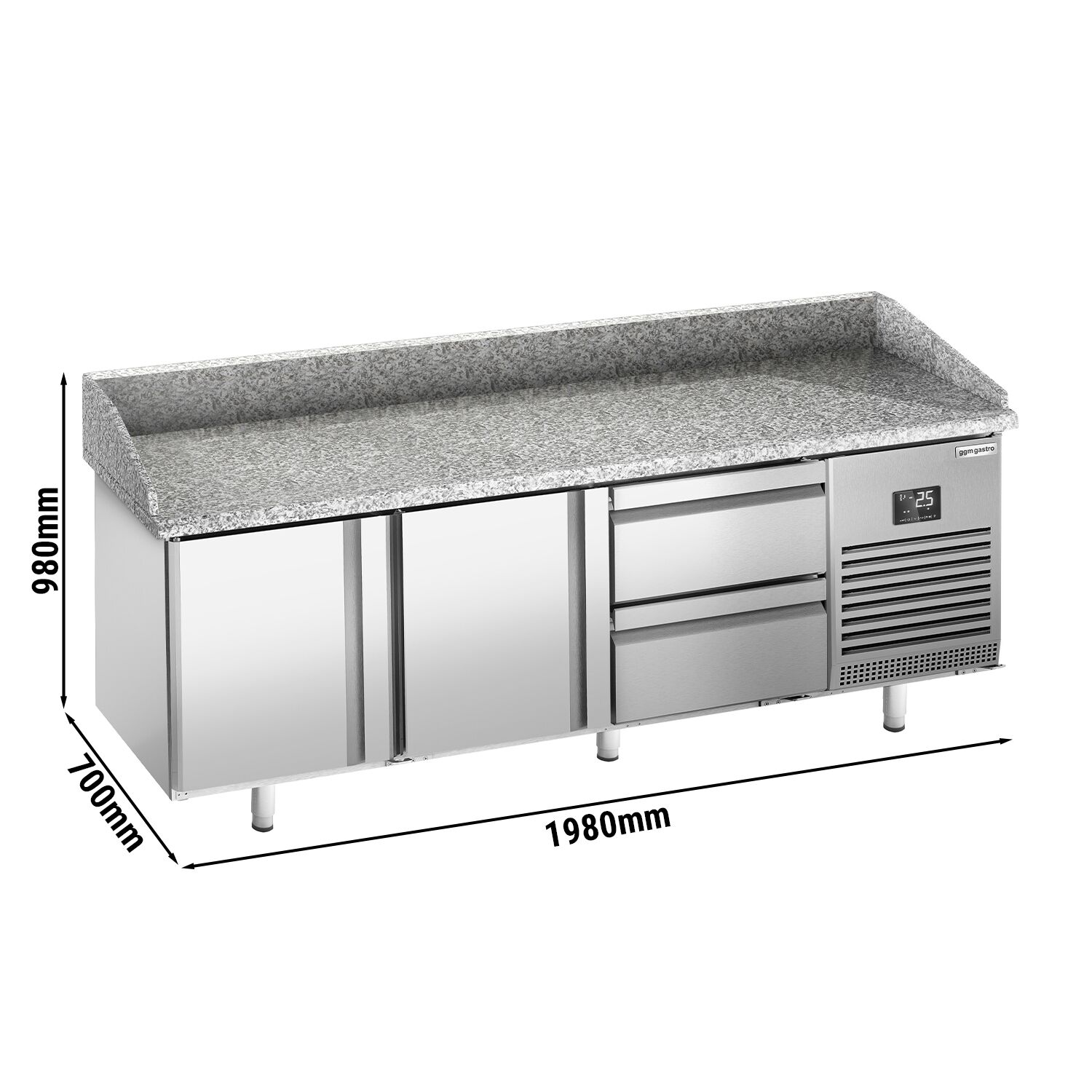 Table réfrigérée à pizza Premium PLUS - 1980 x 700 mm - avec 1 porte et 4 tiroirs