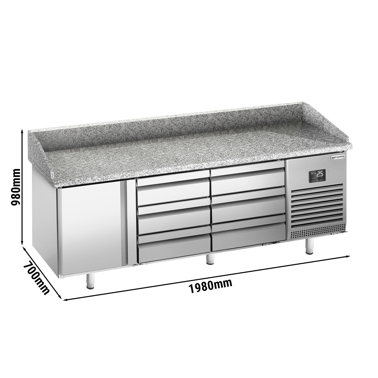 Commercial Pizza Prep Counter - Granite Top PREMIUM PLUS - 1980x700mm - with 1 doors & 6 drawers - incl. refrigerated topping unit - 11x GN 1/4