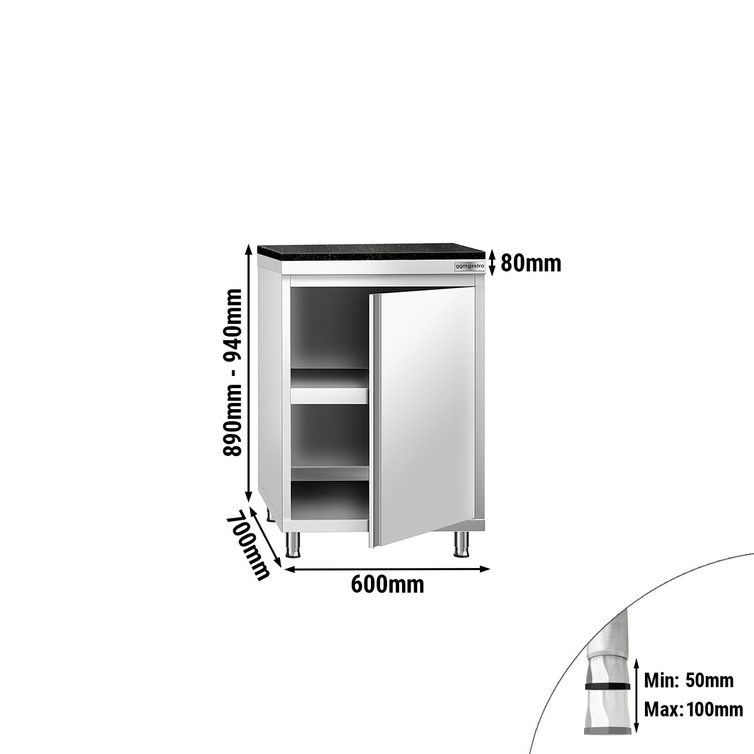 Edelstahl Arbeitsschrank PREMIUM - 600x700mm - mit Flügeltür - inkl. Granitarbeitsplatte